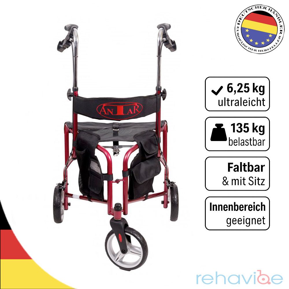 Antar Rollator 3-Rad / Dreirad-Rollator Gehhilfe für Senioren faltbar mit Bremse