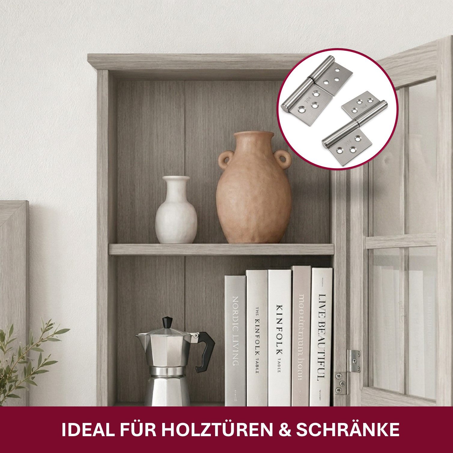 HOOZ Türbeschlag Flaggenscharnier Edelstahl 75mm 4er Set Hebbares Türband zum Aushängen (Set, 4 St., 2 Scharniere), Hebbares Türband mit 360° Drehwinkel und 6 Senkbohrungen