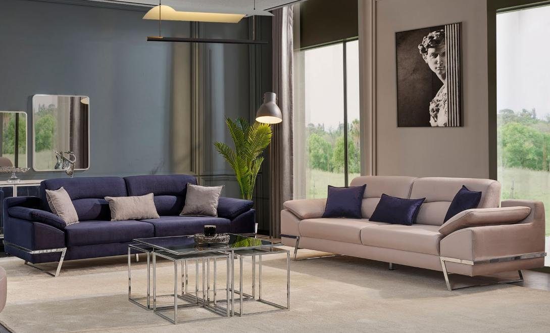 Luxus Garnitur Sitzer Stoff Blau 33 JVmoebel Sofa, Sofagarnitur Set Dreisitzer