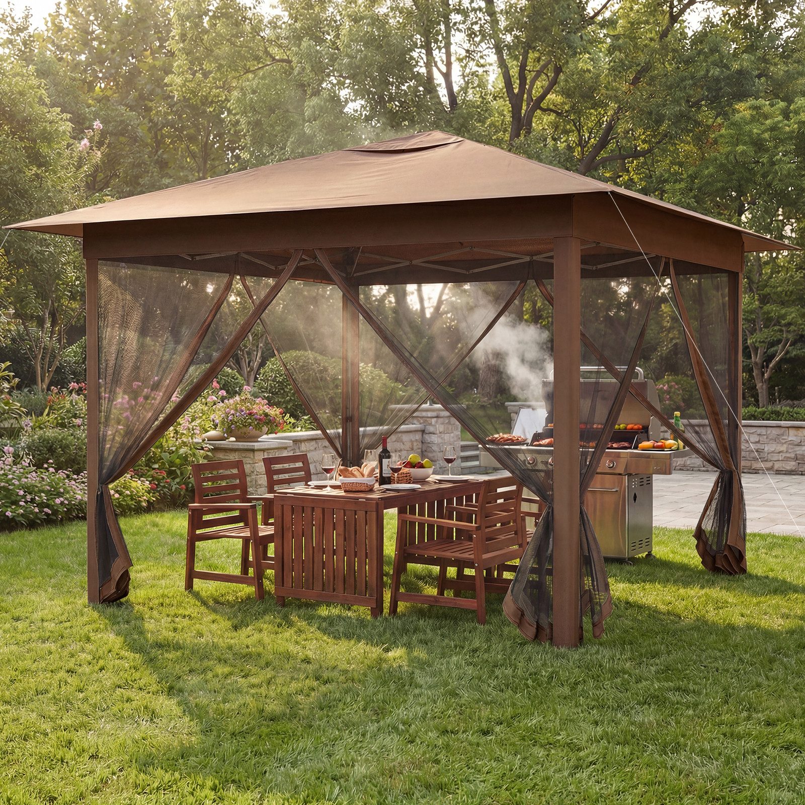 COSTWAY Faltpavillon, Pop-up Gartenpavillon höhenverstellbar mit Moskitonetz