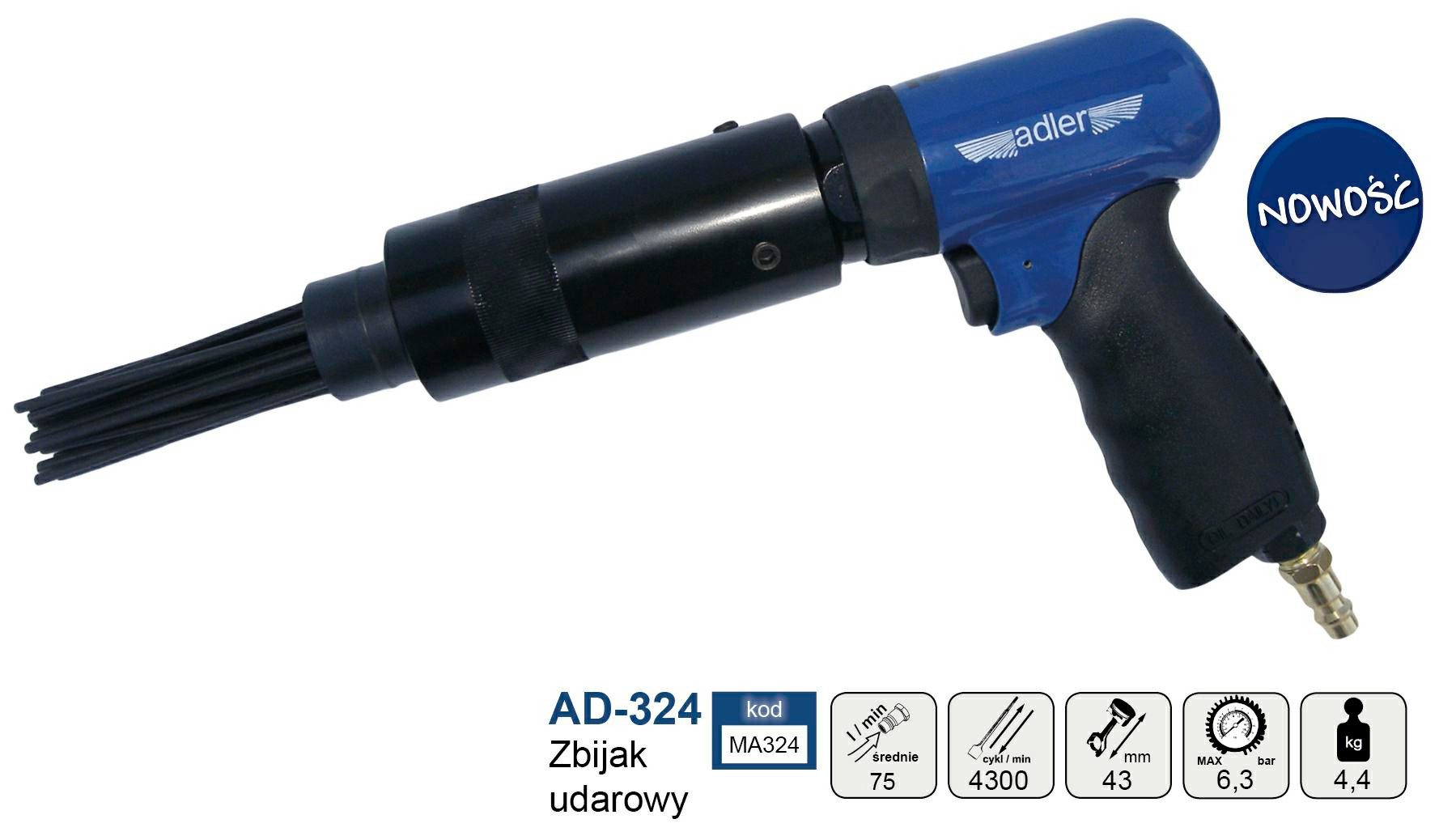 Adler - Forst- und Gartenwerkzeuge Hammer ADLER Pneumatischer Nadelhammer AD-324 mit 4300 Schlägen/min