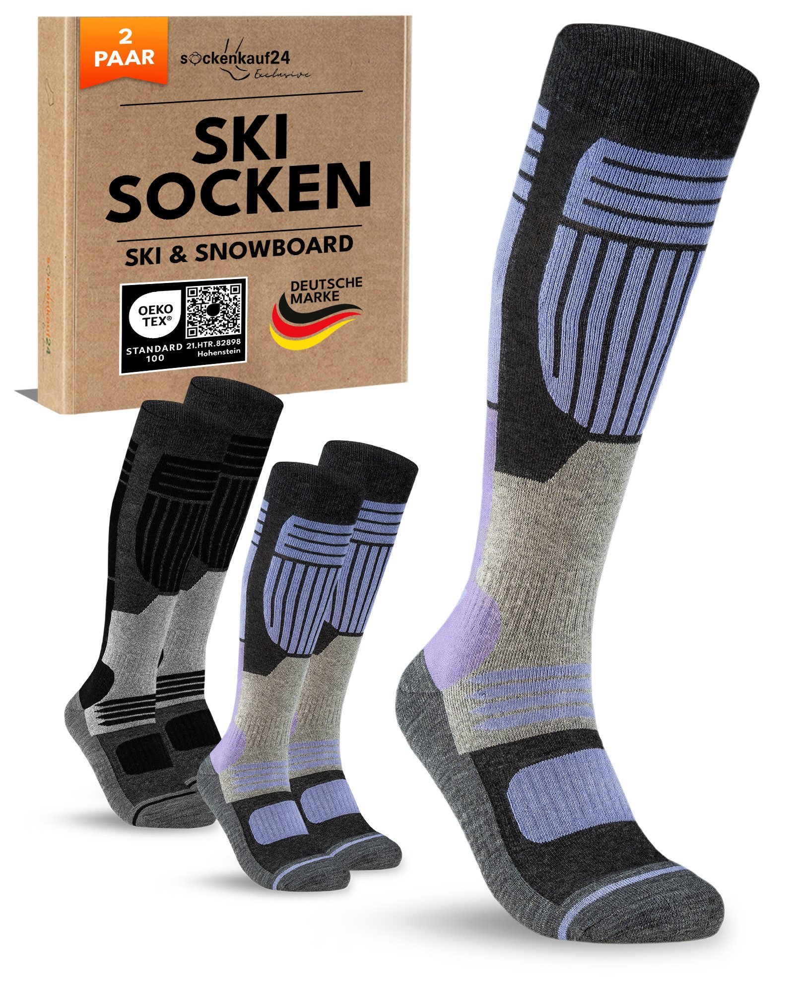 sockenkauf24 Skisocken Merino Herren & Damen 2 Paar Ski Гольфи Merinowolle atmungsaktive Skisocken mit verstärkten Belastungszonen