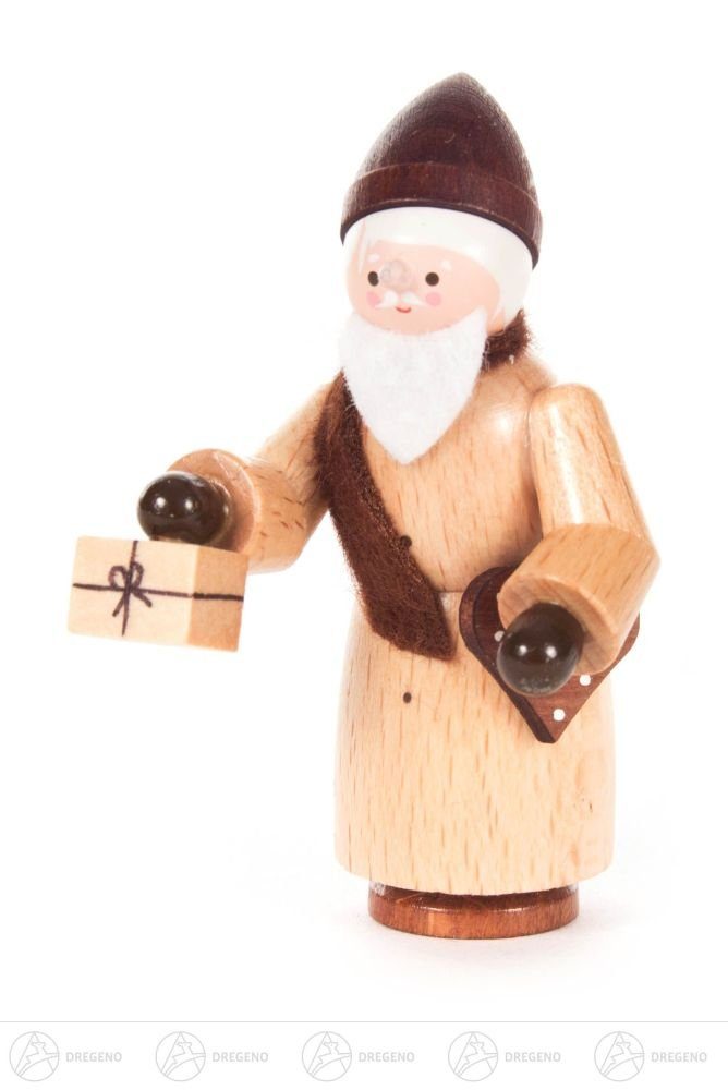 Dregeno Erzgebirge Weihnachtsfigur Weihnachtliche Miniatur Nikolaus natur Höhe ca 6,5 cm NEU, mit Geschenk und Lebkuchen