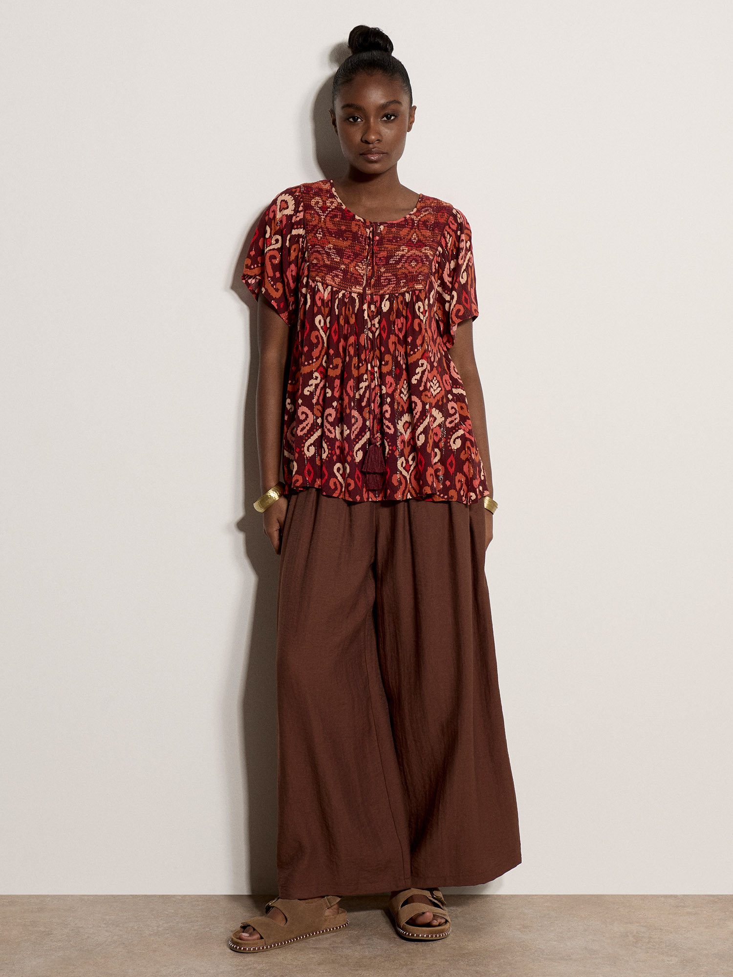 Apricot Blusenshirt Ikat-Bluse mit Stickerei mit Quasten