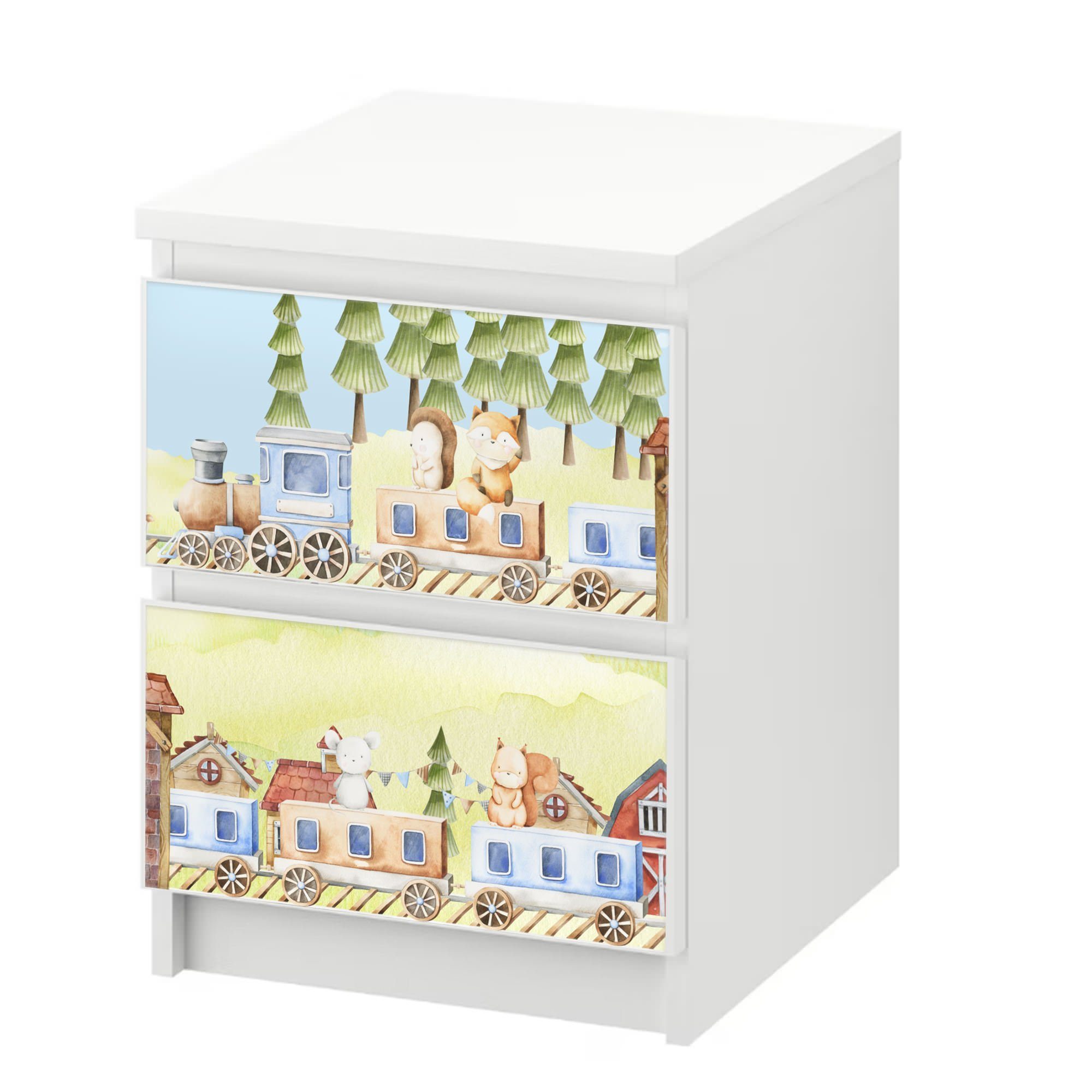 Sunnywall Möbelfolie passend für IKEA Malm Kommode Schrankfolie Aufkleber Zug Tiere Motiv, blasenfreie selbstklebende Folie (SCHRANK NICHT INKLUSIVE)