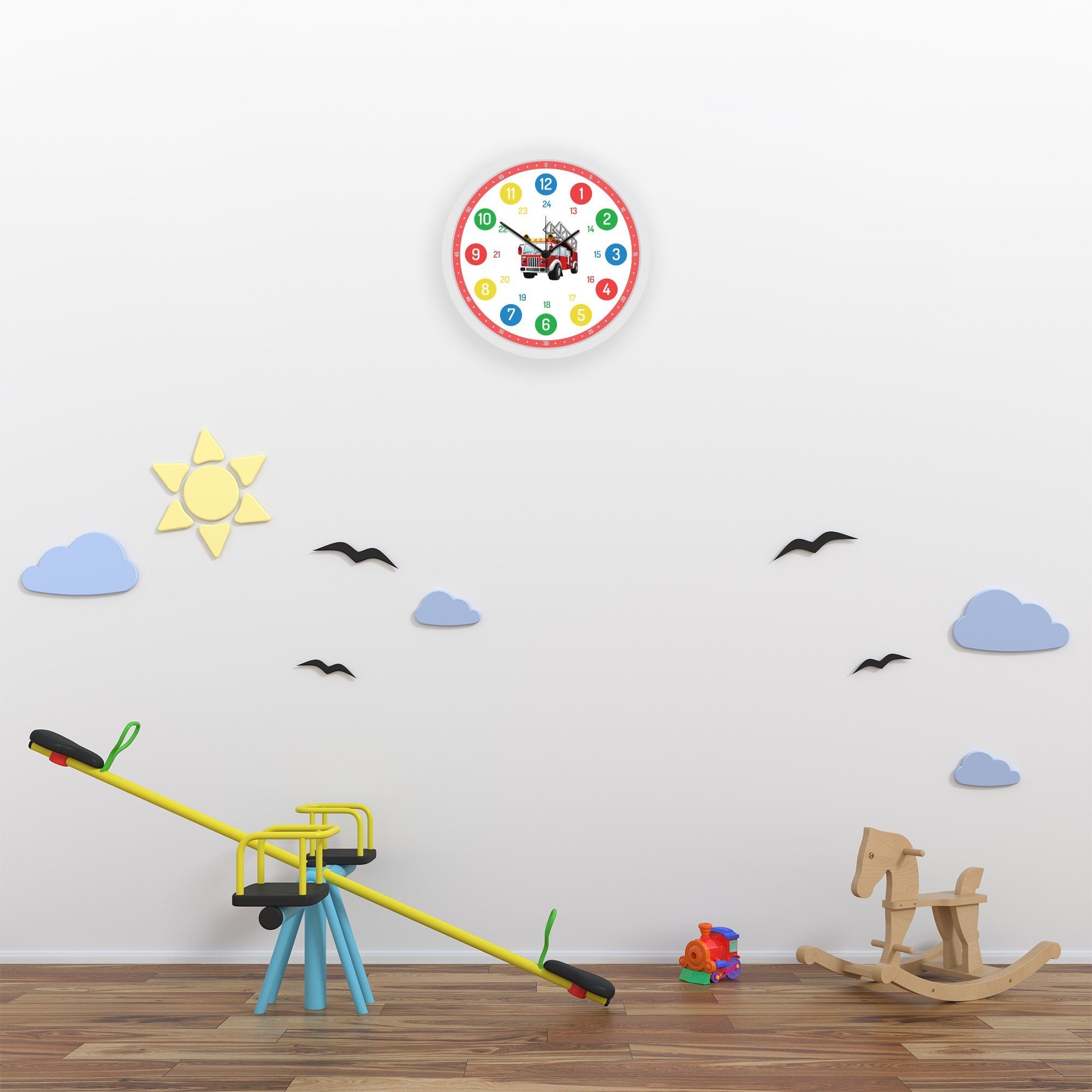 GRAVURZEILE Wanduhr GRAVURZEILE Wanduhr aus Holz Kinder Feuerwehr Motiv - Geräuscharm