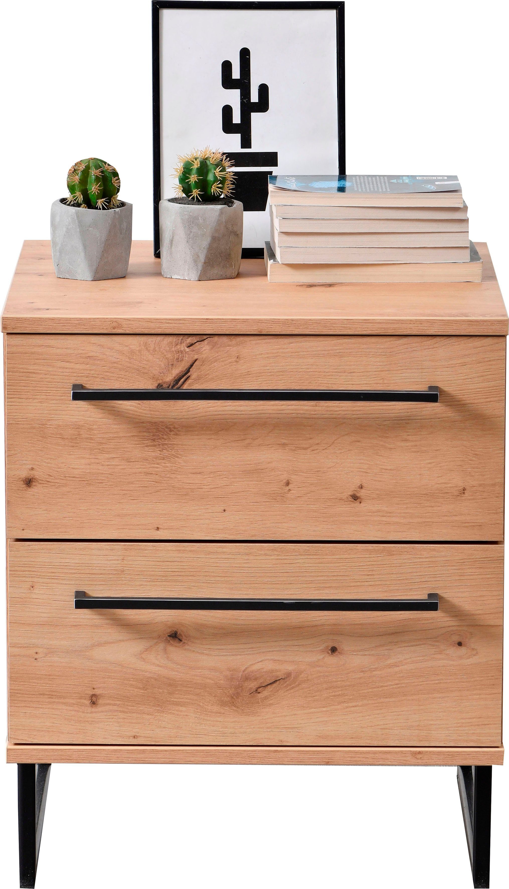 INOSIGN Nachtkommode Sardinia, Nachtschrank, Maße (B/T/H): 45,5/35/54 cm (FSC-zertifizierter Holzwerkstoff), mit 2 Schubladen, Metallgriffe und Metallfüße in Kufenform