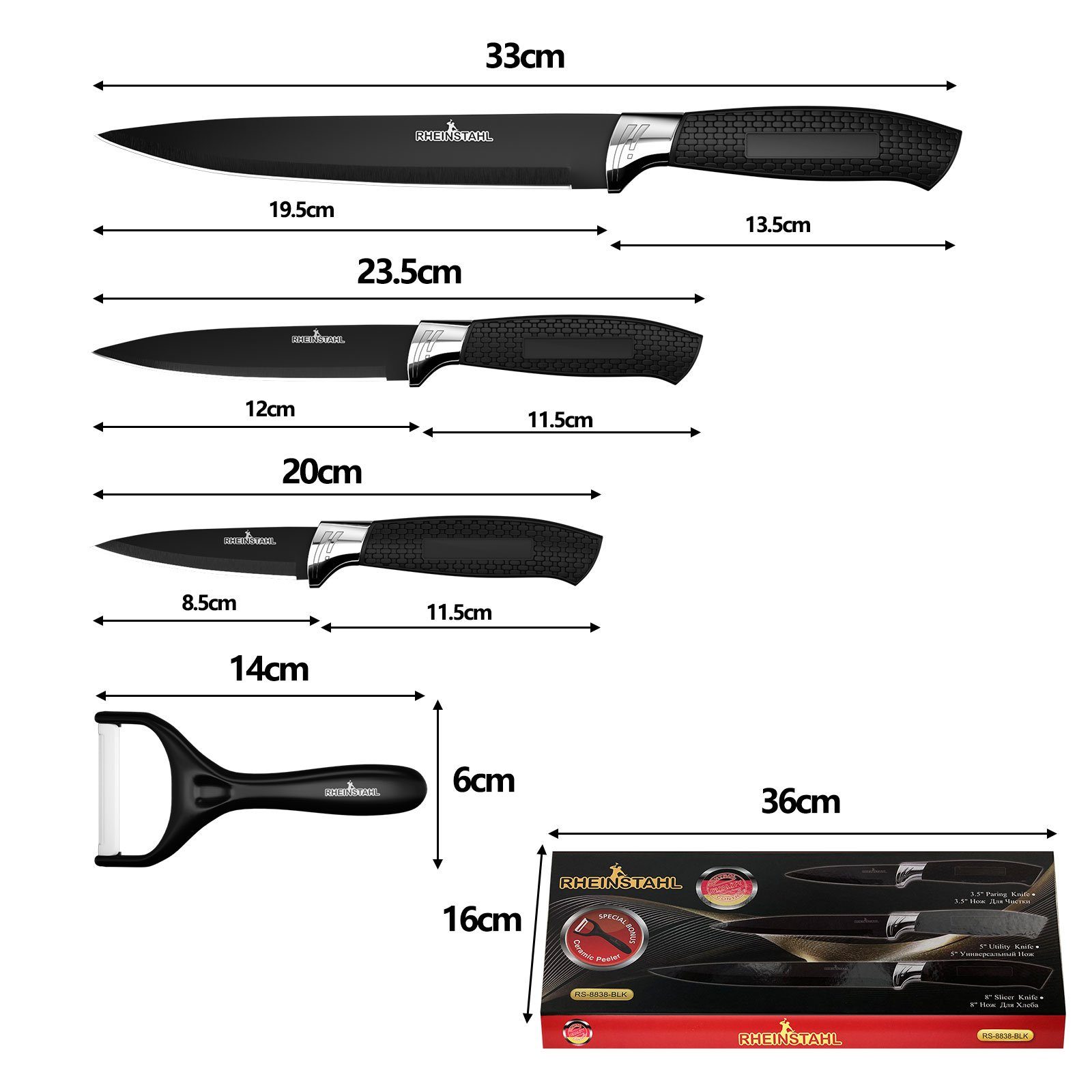 Messerblock Set Messer-Set Schwarz 4 Küchenmesser (4-tlg), Kochmesser Profi Küchenmesser hochwertiges Messerset SelbstschärfenMesser teilig Set RHEINSTAHL