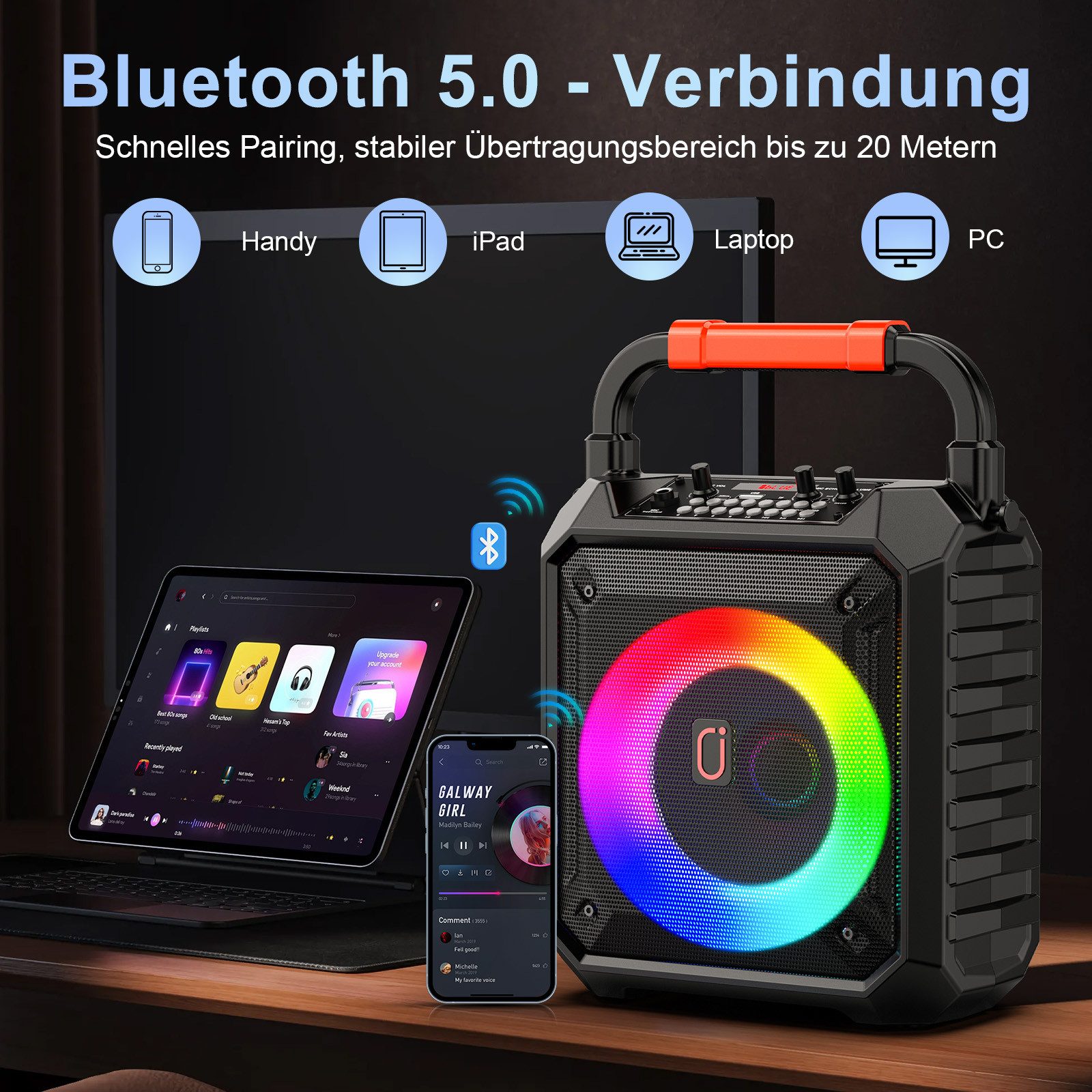 JYX Tragbares Lautsprechersystem mit Mikrofon für Karaoke Karaoke-Maschine 2.0 (Bluetooth 5.0, 15 W, unterstützt FM/USB/AUX/REC/TF-Anschluss, ideal für Partys) – Bild 4 von 5