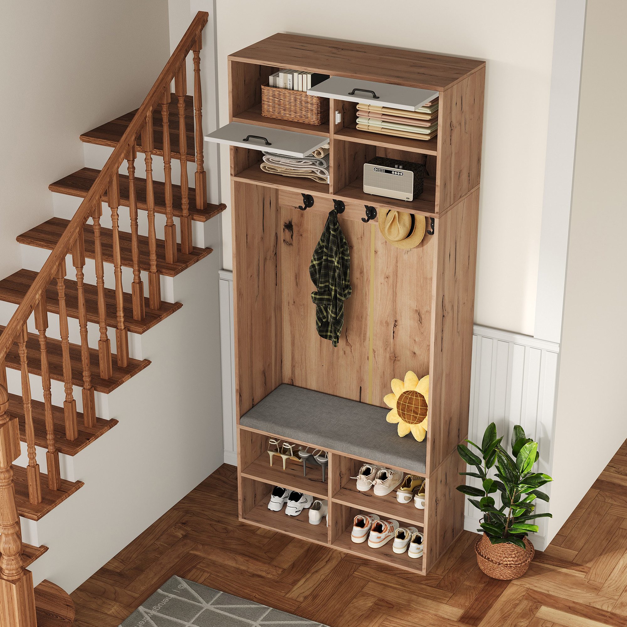 Flieks Garderoben-Set mit LED-Beleuchtung, Kleiderhaken, Schuhschrank und Sitzbank, (Holzoptik, 1-St., 80×185×35 cm (B×H×T), Garderobenständer mit Schuhregal, Sitzfläche und Kleiderstange Natur