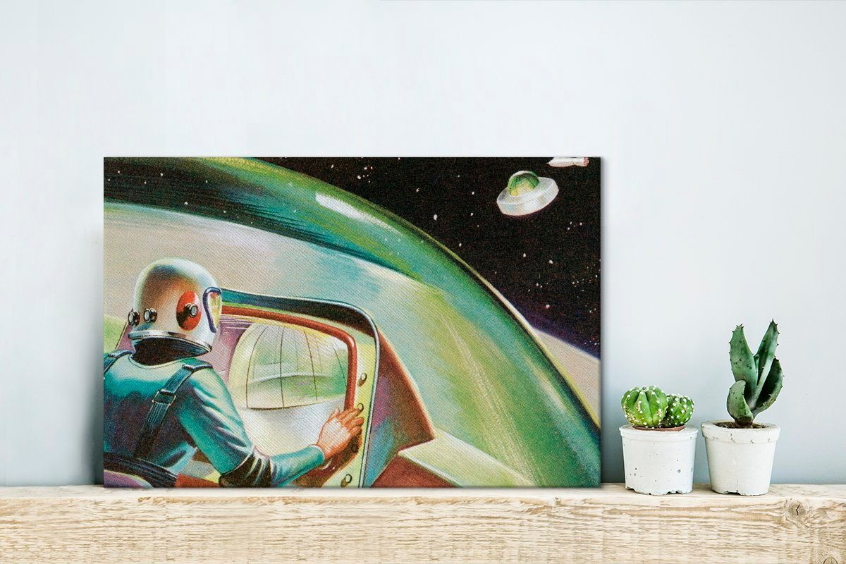 Aufhängefertig, Mädchen - OneMillionCanvasses® Wandbild Weltraum Leinwandbild Eine St), im Leinwandbilder, 30x20 (1 Jungen -, bunte eines Wanddeko, UFOs Illustration - cm