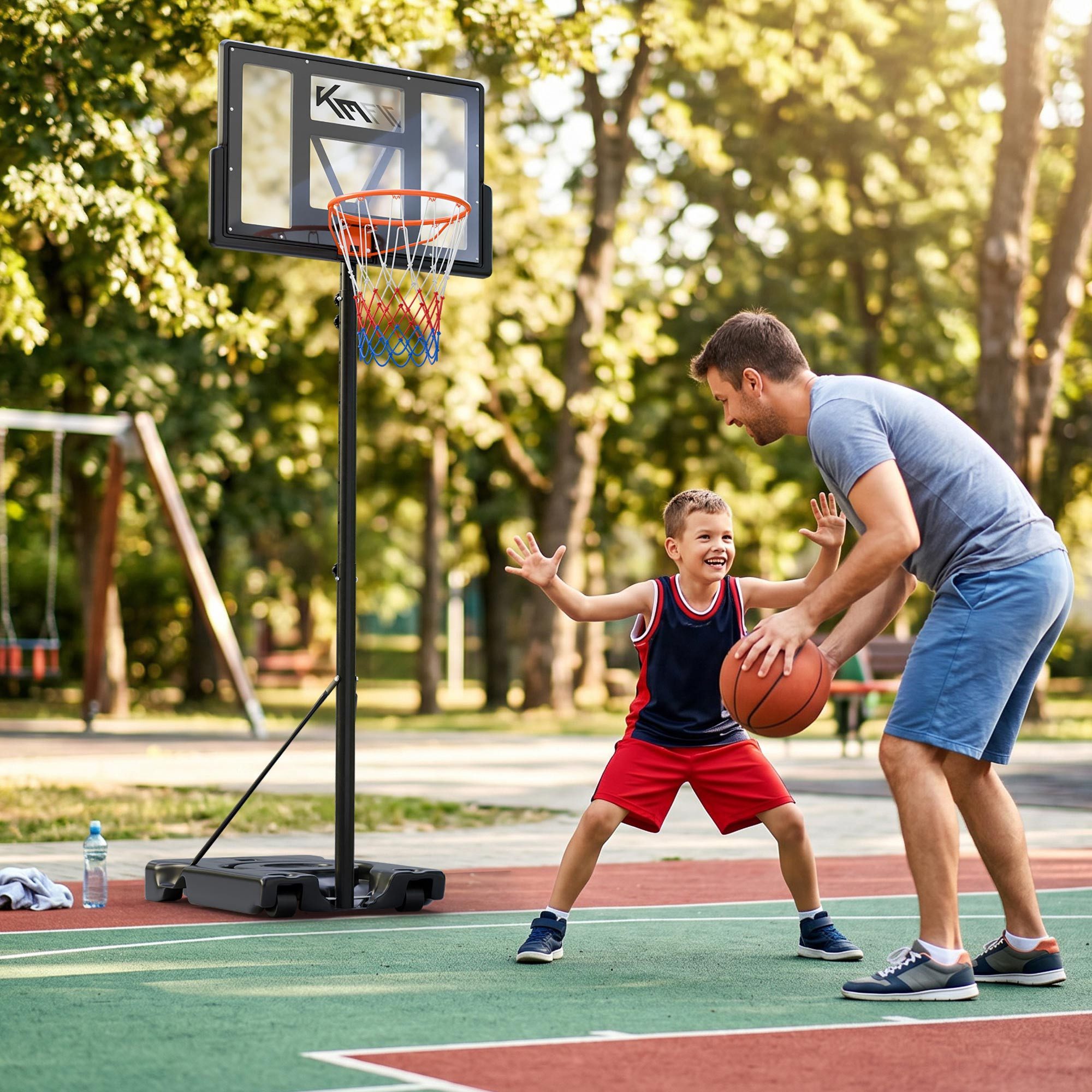 KM - Fit Basketballkorb Basketballständer höhenverstellbar mobil mit Rollen 135-305 cm (Basketballständer 135-305 cm), stabiler Standfuß, wetterfest und ideal für Outdoor-Nutzung