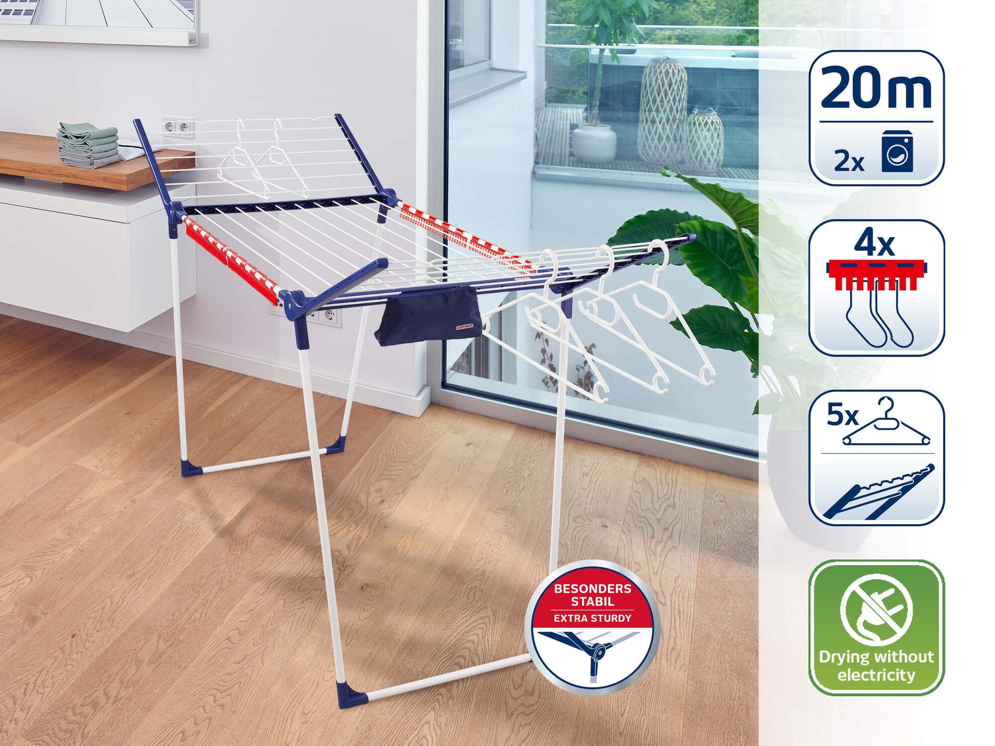 Leifheit Wäscheständer Standtrockner Pegasus 200 + Kleinteilehalter, 20m Trockenlänge, 107cm Flügelhöhe, Kleinteilehalter, 5 Kleiderbügel
