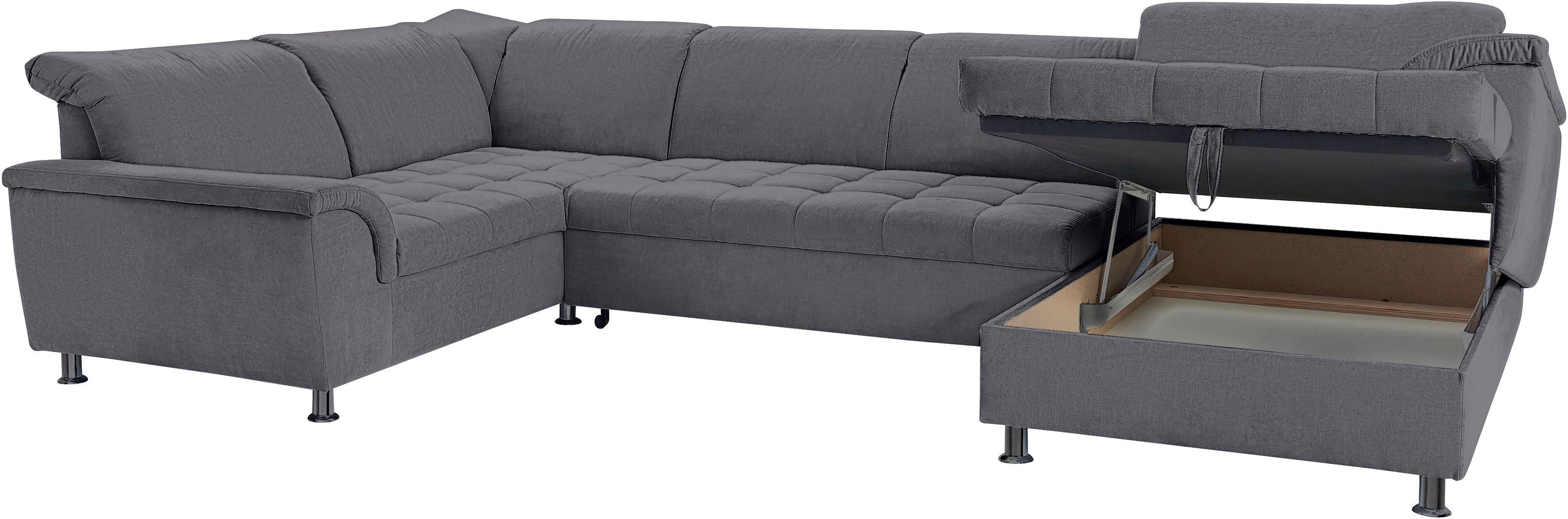 DOMO collection Wohnlandschaft Franzi optional mit Bettfunktion, Bettkasten & Kopfteilverstellung, U-Form, Recamiere rechts, dunkelgrau, B/T: 352/214 cm
