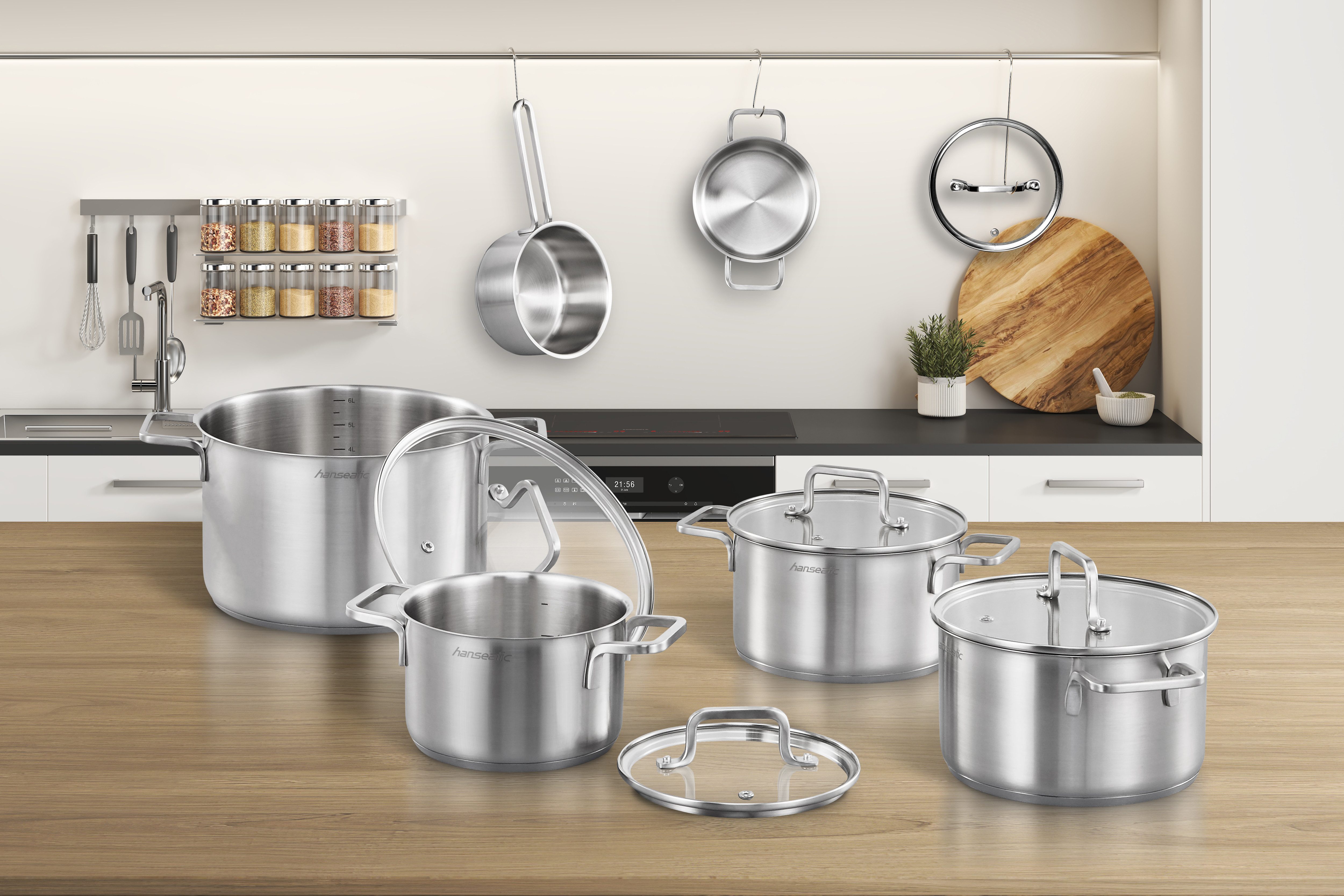 Hanseatic Topf-Set DAILY, Edelstahl 18/10 (Set, 11-tlg., Fleischtopf 2x 16 cm / 2x 20 cm / 1x 24 cm, Stielkasserolle 16 cm), handfreundliche Griffe, Literskala, Glasdeckel, Induktion