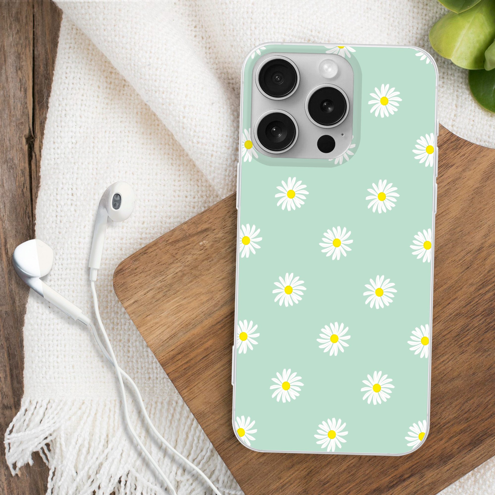 MuchoWow Handyhülle für Apple iPhone 16 Pro Gänseblümchen - Pastell - Weiß - Grün - Floral, Smartphone-Bumper, Print, Handy Schutzhülle Dünn