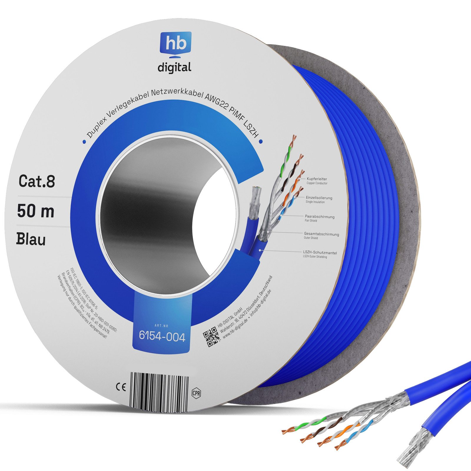 HB-DIGITAL CAT 8 Kabel Duplex Installationskabel S/FTP AWG22 LSZH Netzwerkkabel, Netzwerkstecker, (5000 cm), Duplex, Euro CPR Brandklasse: B2ca (s1a d1 a1)
