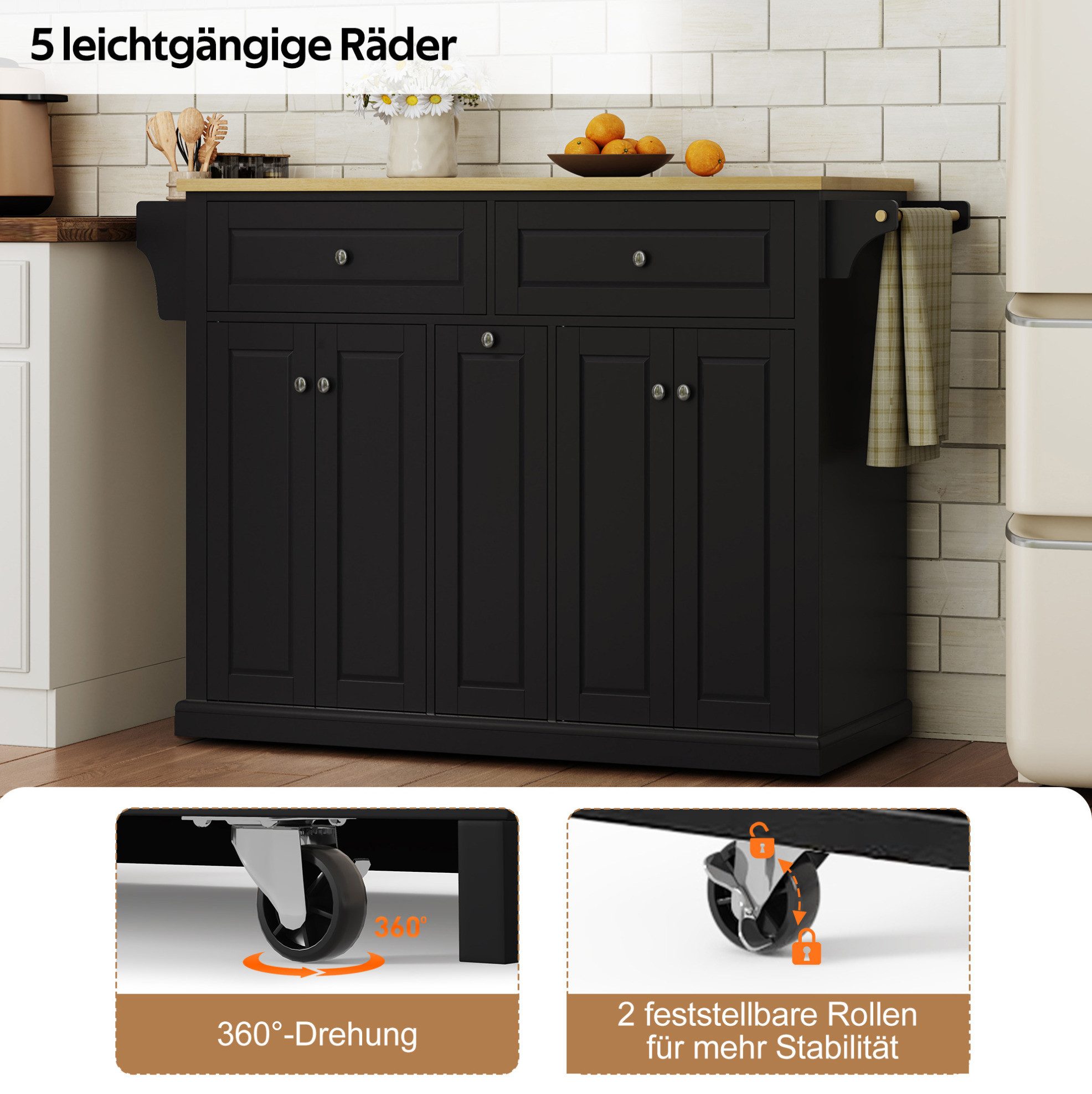REDOM Kücheninsel 121×49(69)×89 cm Küchenschrank mit ausklappbarer Arbeitsfläche, (Küchenwagen mit Stauraum und zweistufigem Schubladenauszug), Aufbewahrungsmöbel mit großen Schubladen und Rollenfunktion