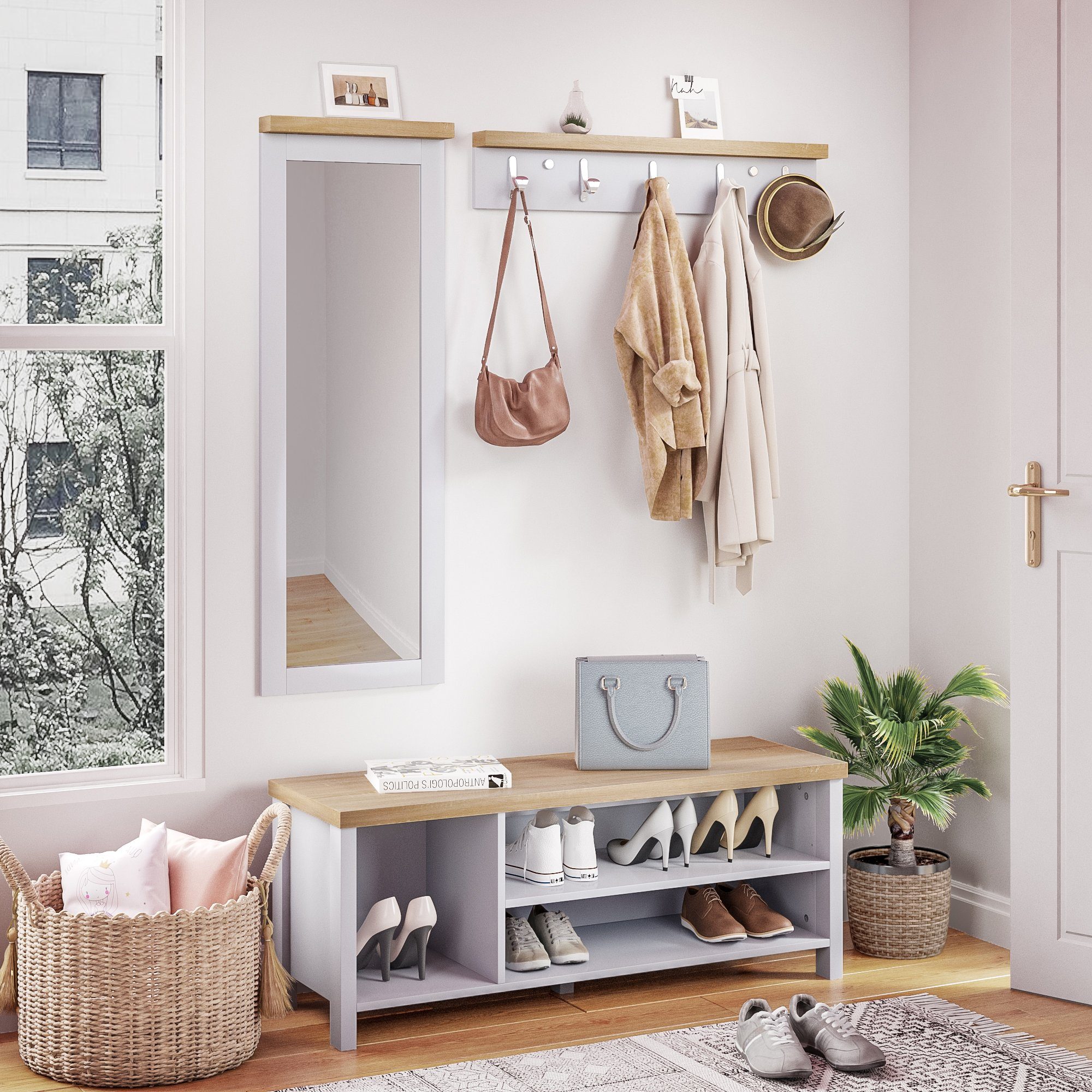 Mondeer Garderoben-Set Flurmöbel-Set, (3-St),Schuhbank Wandspiegel und günstig online kaufen