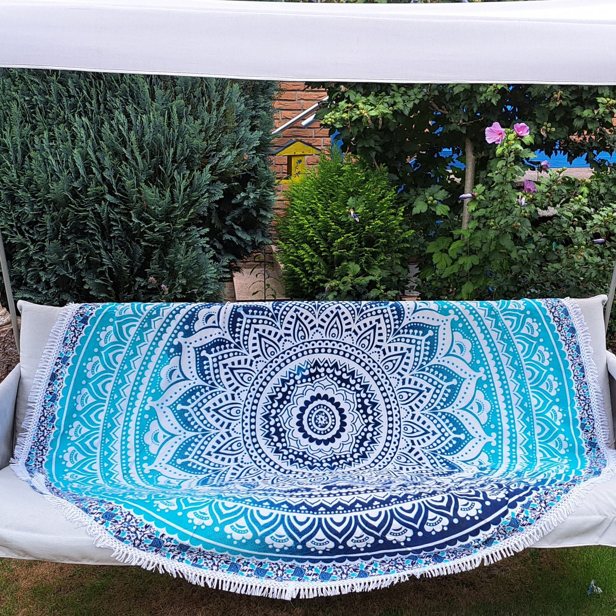Picknickdecke Strandtuch Ombre Mandala boho Style Ø 185 cm, Karmandala, Weiches Strandtuch für unterwegs. Schön, praktisch, vielseitigq – Bild 5 von 5