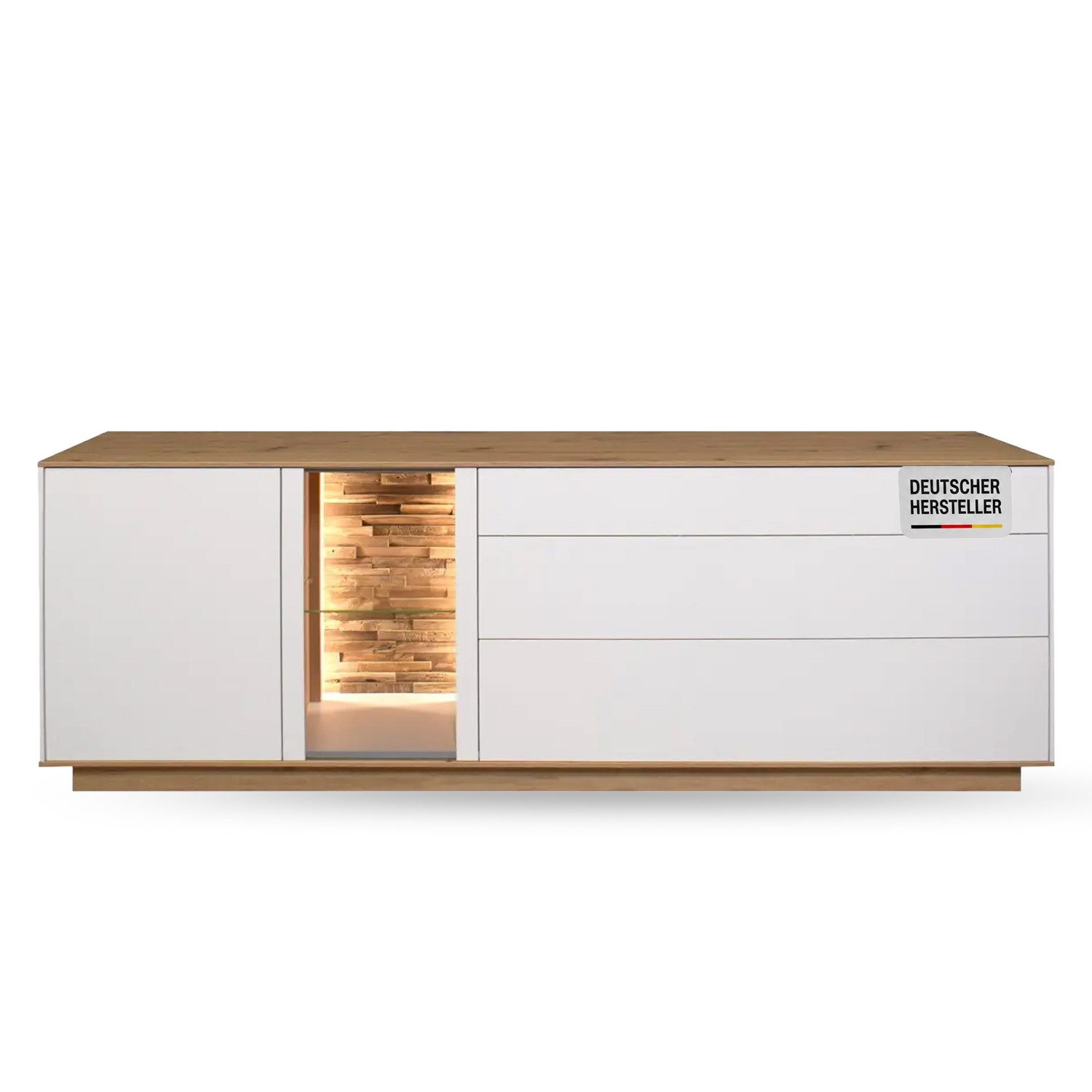 Storado Lowboard Faro Sockel 169–207×71×42cm, Lowboard mit Glasfach, Farbe wählbar, LED-Beleuchtung, Push-to-open und gedämpfte Türen