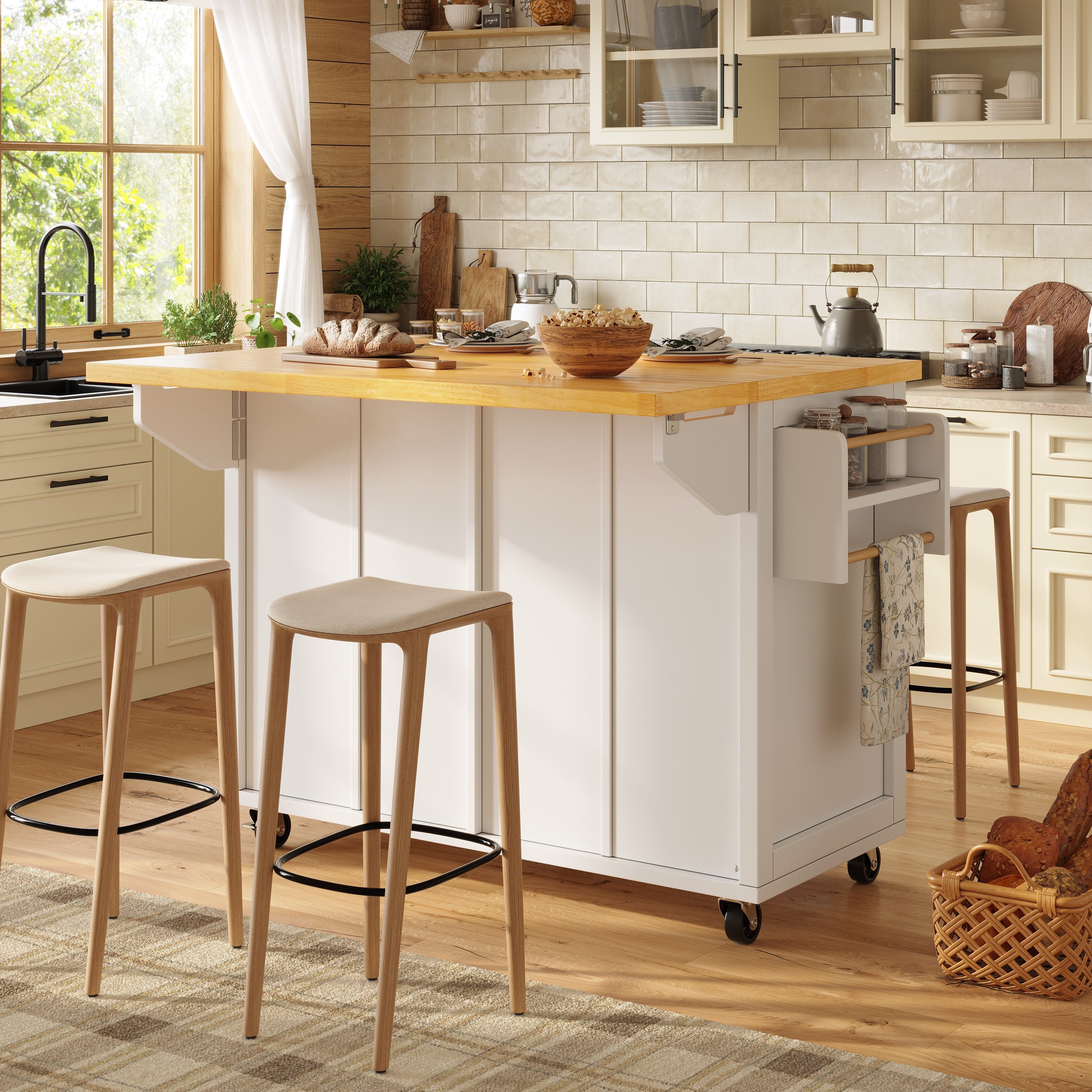 Odikalo Kücheninsel mit Arbeitsplatte, Küchenwagen Servierwagen Sideboard, (Hochwertige Kücheninsel, Multifunktionaler Servierwagen mit großem Stauraum, Mobiler Buffetschrank, Küchenwagen für Esszimmer,Wohnzimmer,Küche, Inklusive Bremsen und verstellbaren Fächern, Schwarz / Weiß)