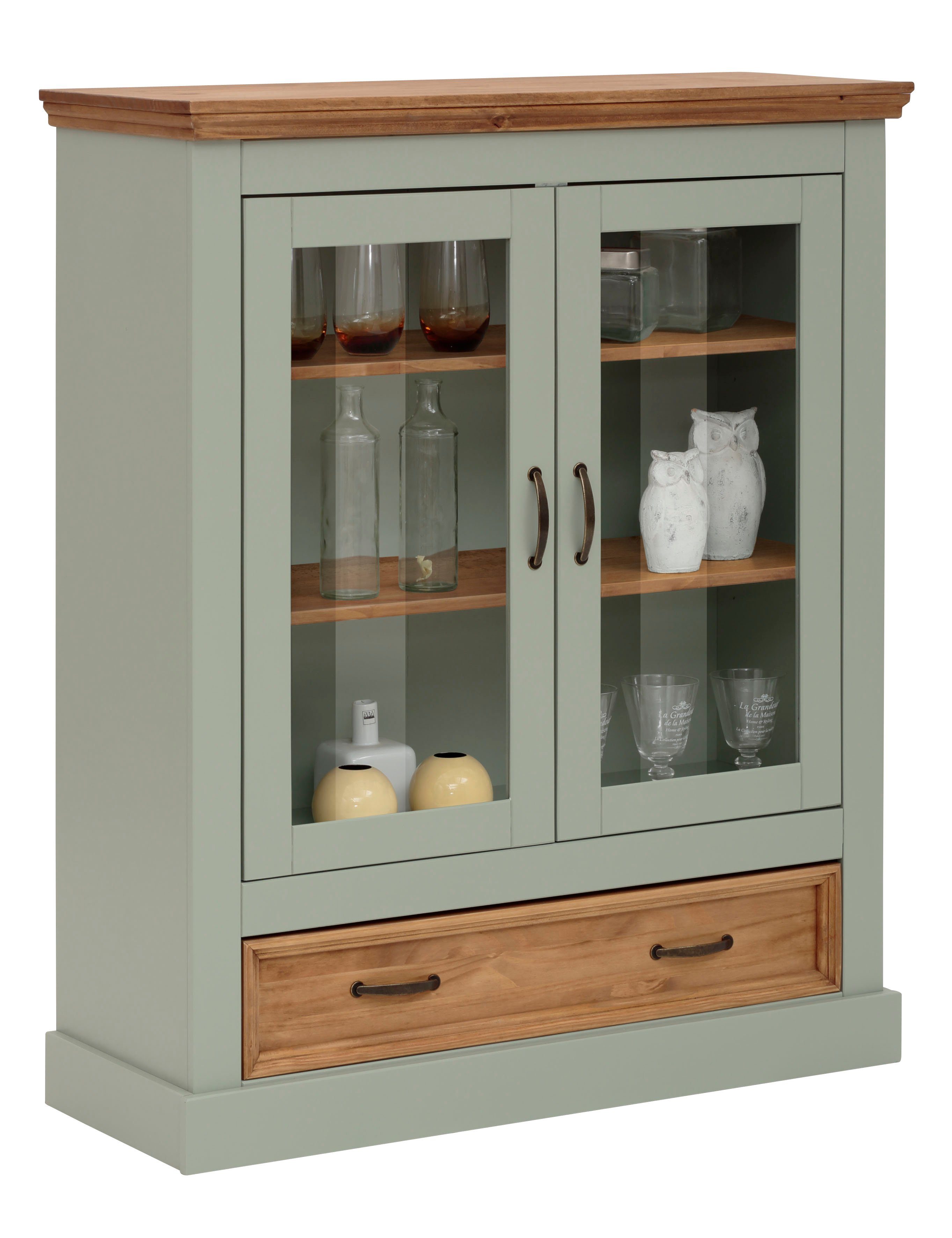 OTTO home Vitrine Selma Highboard aus massivem Kiefernholz, mit Griffen aus antikisiertem Metall