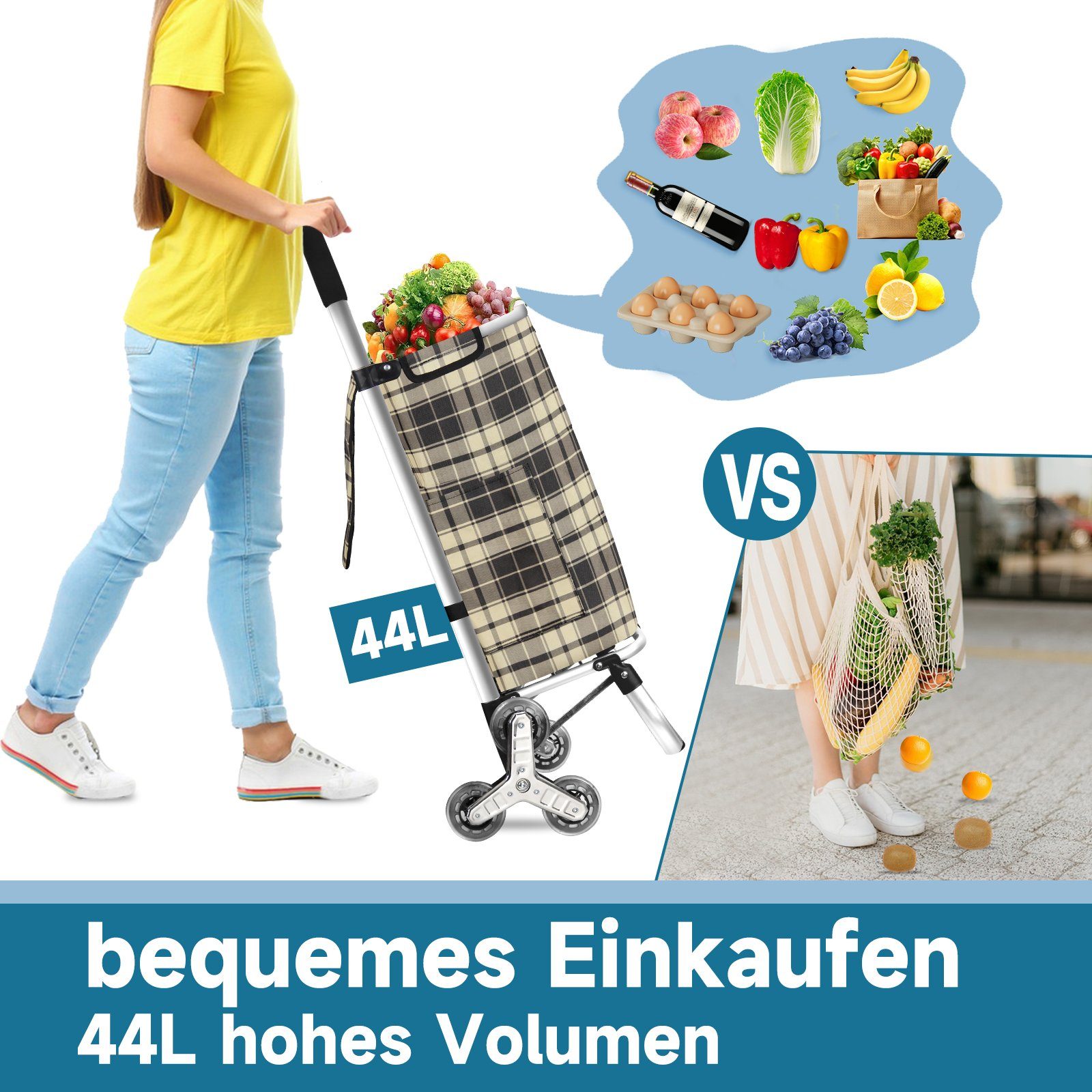 HOMELUX Klappbarer Einkaufstrolley - 41L Großer Handwagen Mit Abnehmbarer Tasche