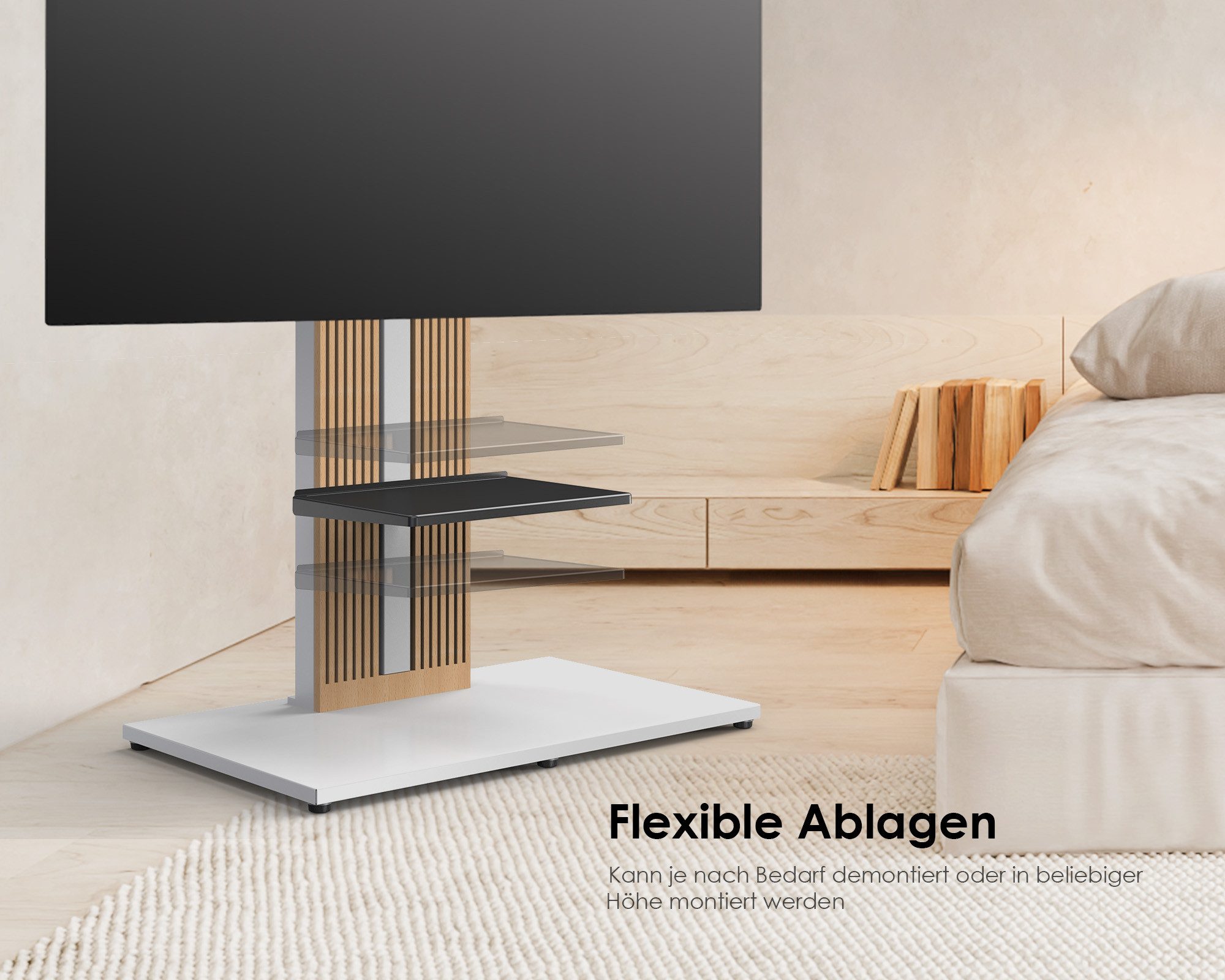 FITUEYES TV-Ständer TV-Standfuß mit verstellbarer Ablage, 55-88 Zoll, (bis 88,00 Zoll, höhenverstellbar, ±30° schwenkbar, aus Buchenholz)