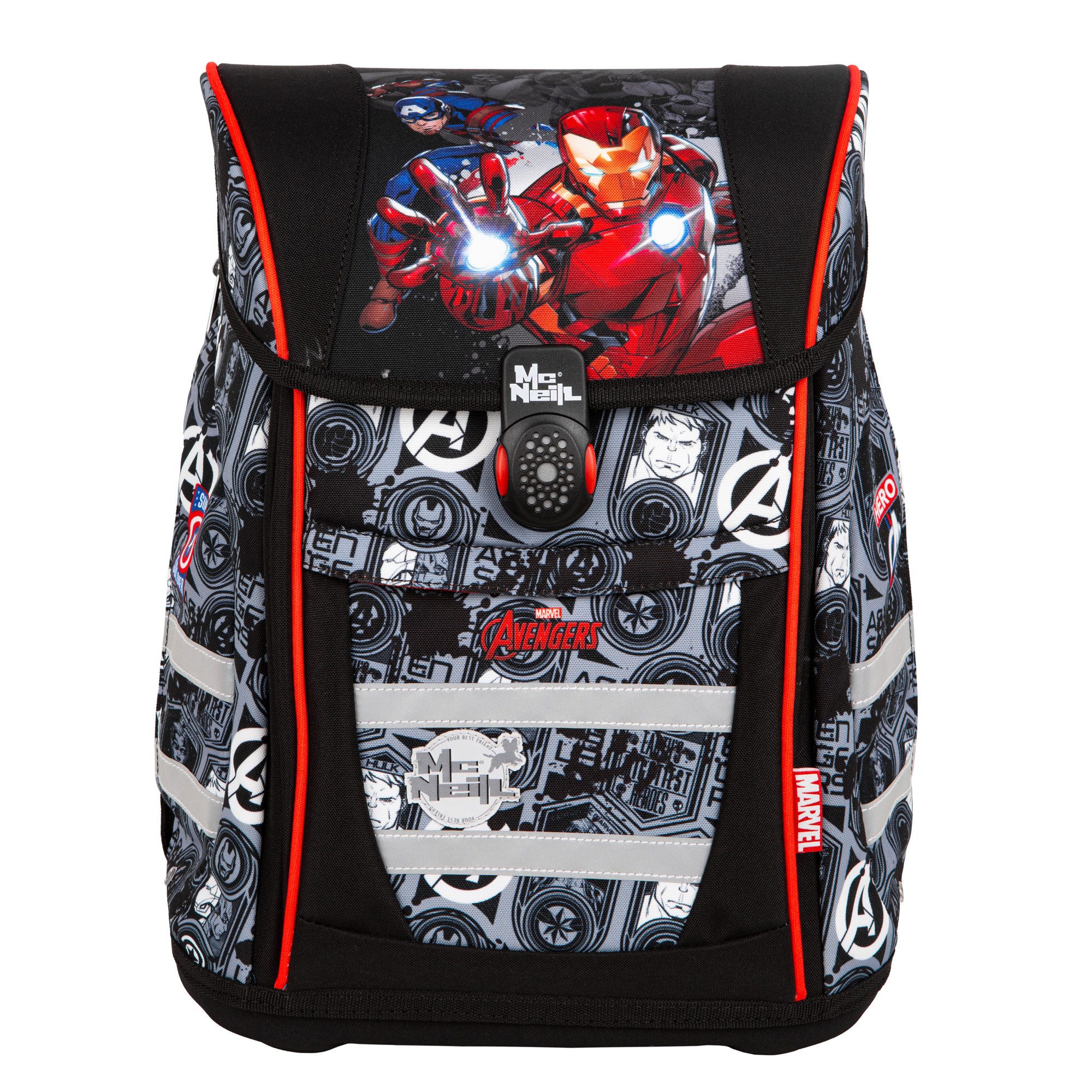 McNeill Schulranzen TENERIS Avengers 4-teilig mit Etui, Schlampermäppchen & Sportbeutel (Spar-Set, mit Sportbeutel, mit Federtasche, mit schlampermappe, mit Schlamperrolle), Air-Flow Rückensystem, Leichtgewicht ca. 980 g, 4-teiliges Set