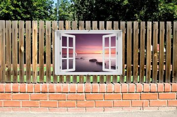 Wallario Sichtschutzzaunmatten Nebel am See bei Sonnenuntergang, mit Fenster-Illusion