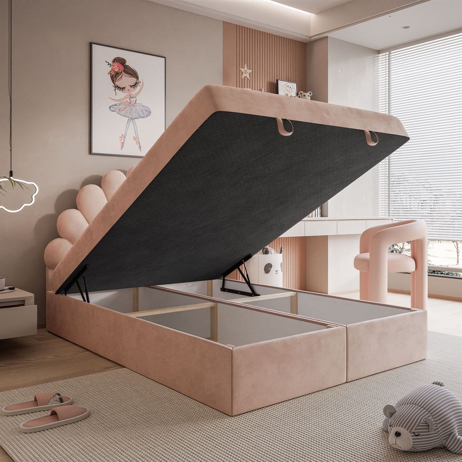 Lookway Boxspringbett ASHLEY Polsterbett mit Muschel-Kopfteil und Bettkasten (Boxspringbett mit Topper), gepolstertes Kopfteil