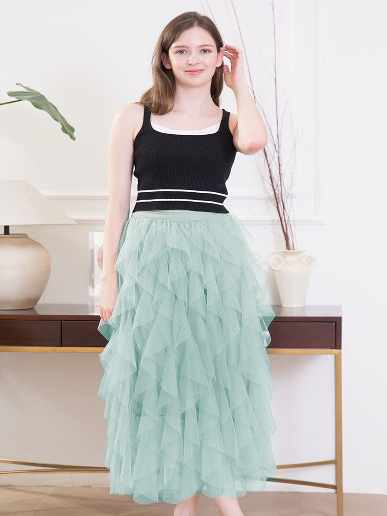 DEBAIJIA Meshrock Damen eleganter langer Rock hoch taillierter rock