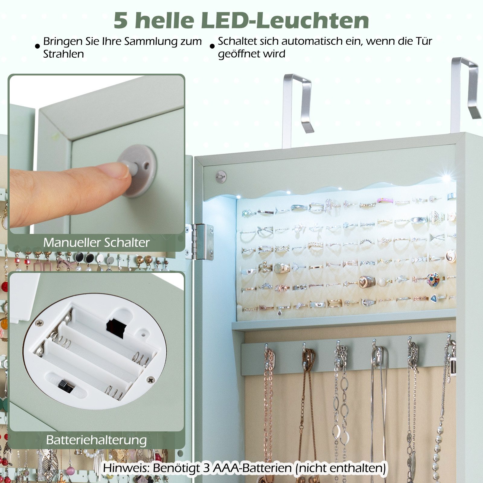 COSTWAY Schmuckschrank mit LED & Ganzkörperspiegel, für Tür und Wand mit LED & Ganzkörperspiegel, für Tür und Wand – Bild 4 von 5