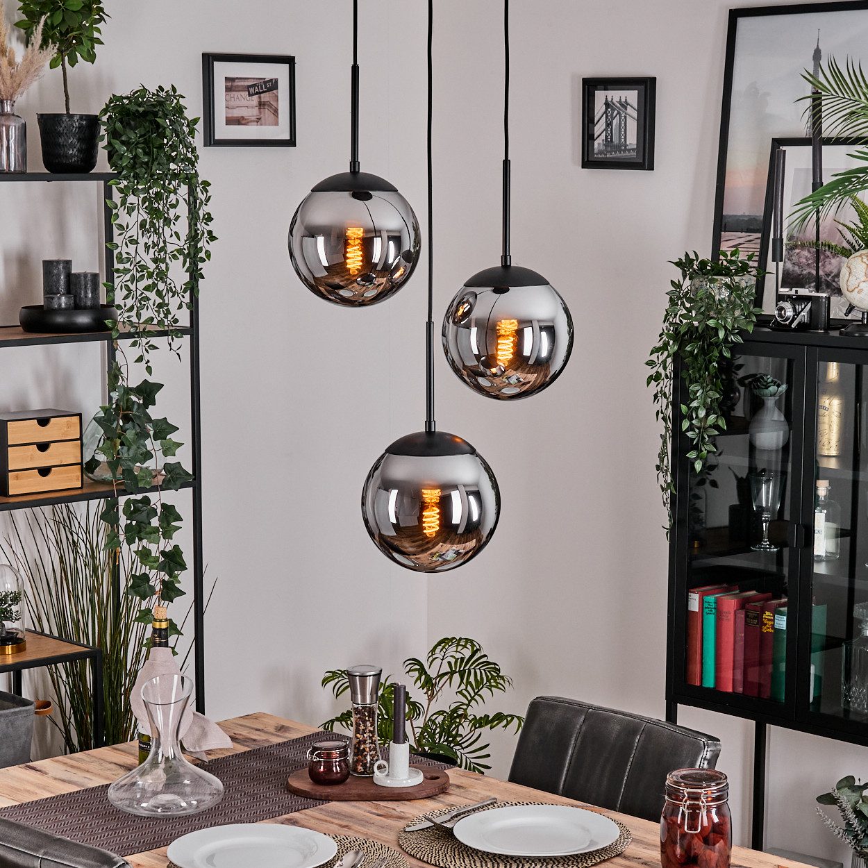 hofstein Hängeleuchte Retro/Vintage Hängelampe aus Metall/Glas in Schwarz/Chrom-/Rauchfarben, ohne Leuchtmittel