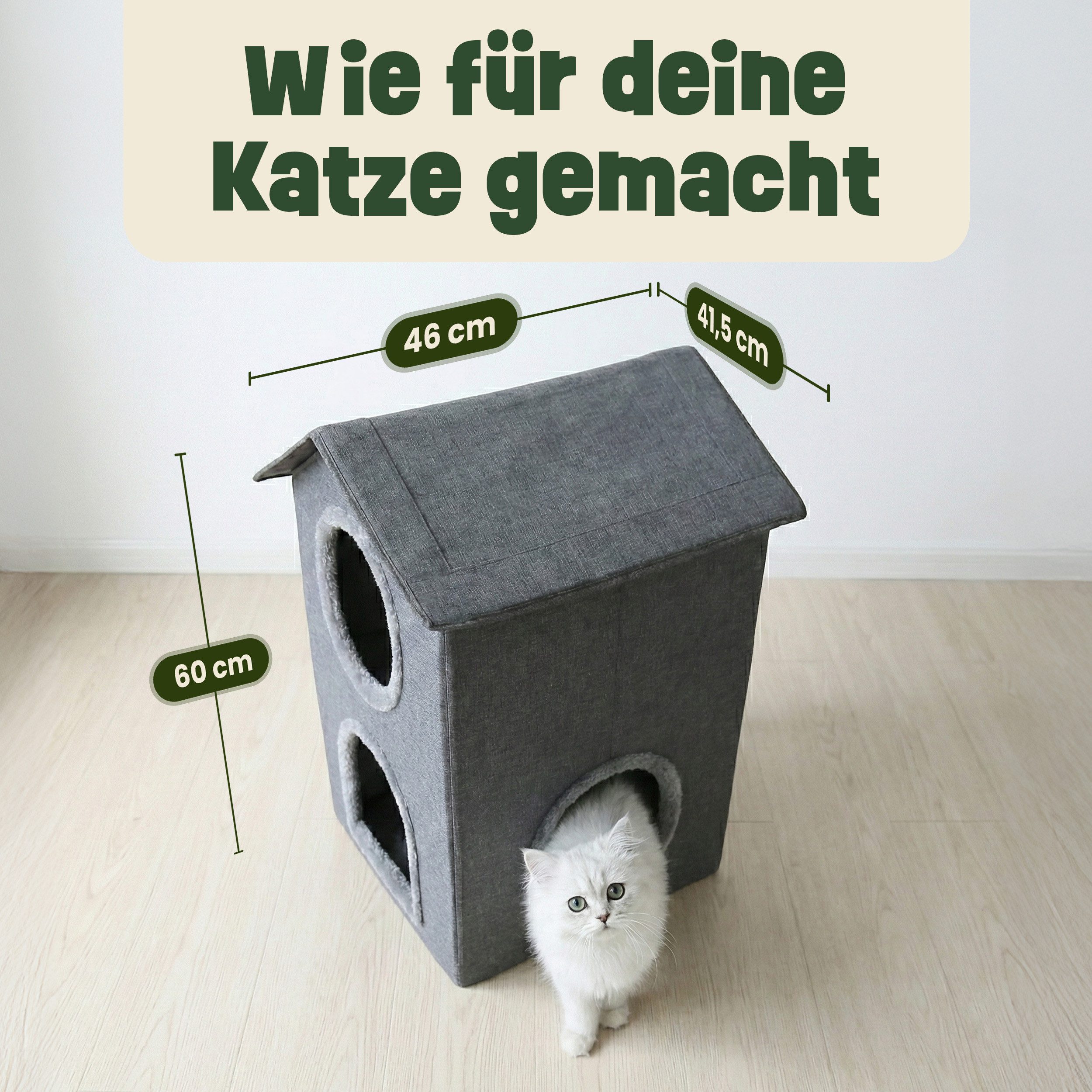 Zooprinz Katzenhaus Katzenhöhle Pepper, Liegefläche, Wendekissen, faltbar, zweistäckig, 46 × 41,5 × 60 cm, Anti-Rutsch-Boden, Leinenstoff, Grau