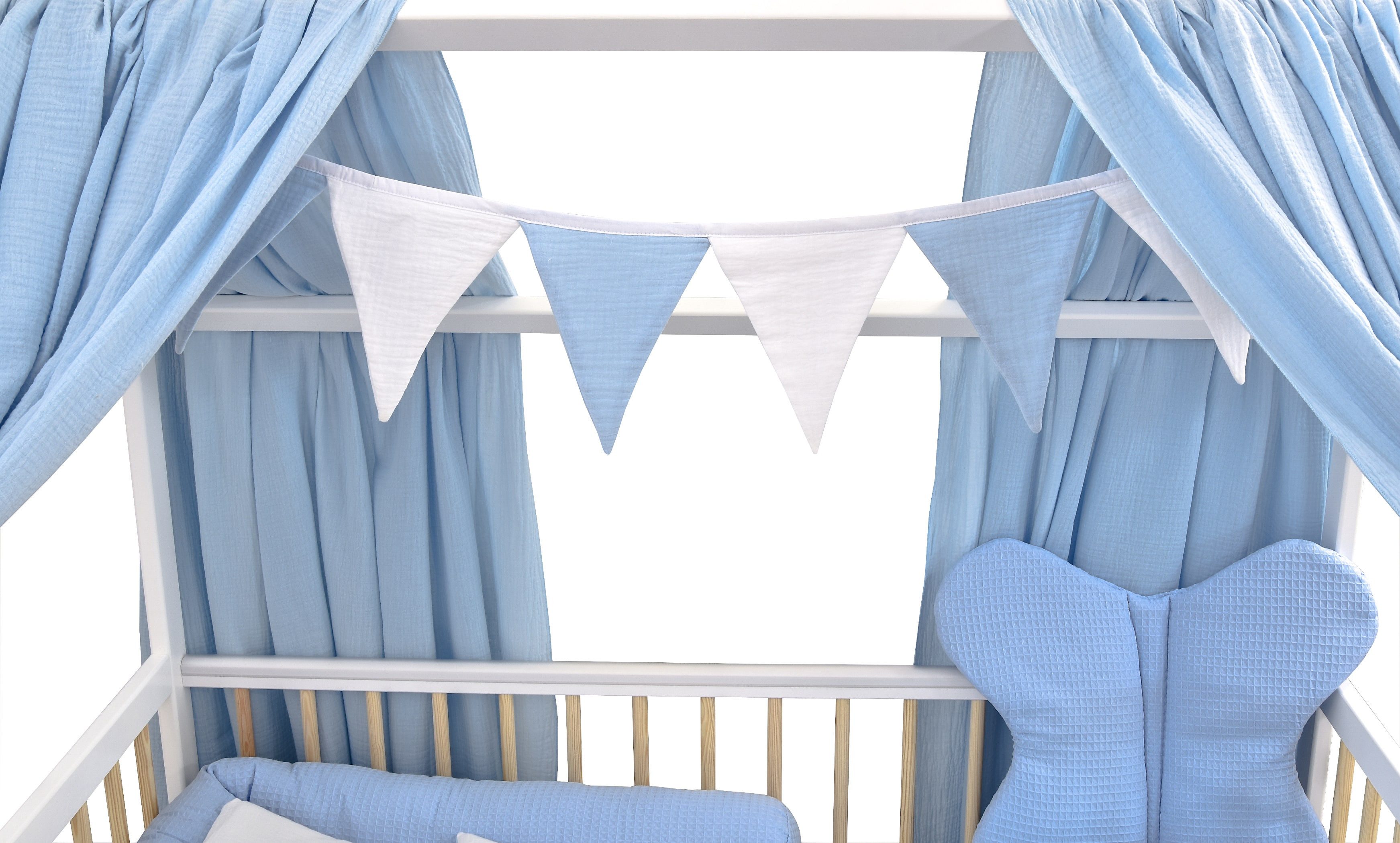 Baby-Delux Komplettbett Hausbett Babybett Komplettset Waffelpique Musselin, 12-tlg., Kinderbett 60x120 cm weiß Natur, Bettset verschiedene Designs