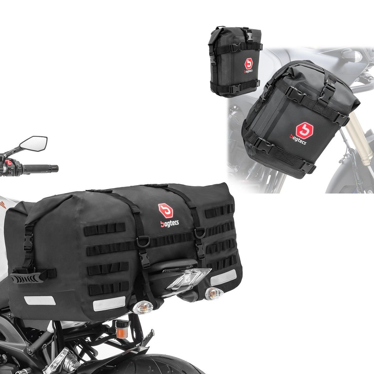 Reisetasche Hecktasche 70Ltr wasserdicht + Set 2x Sturzbügeltasche 10 Liter