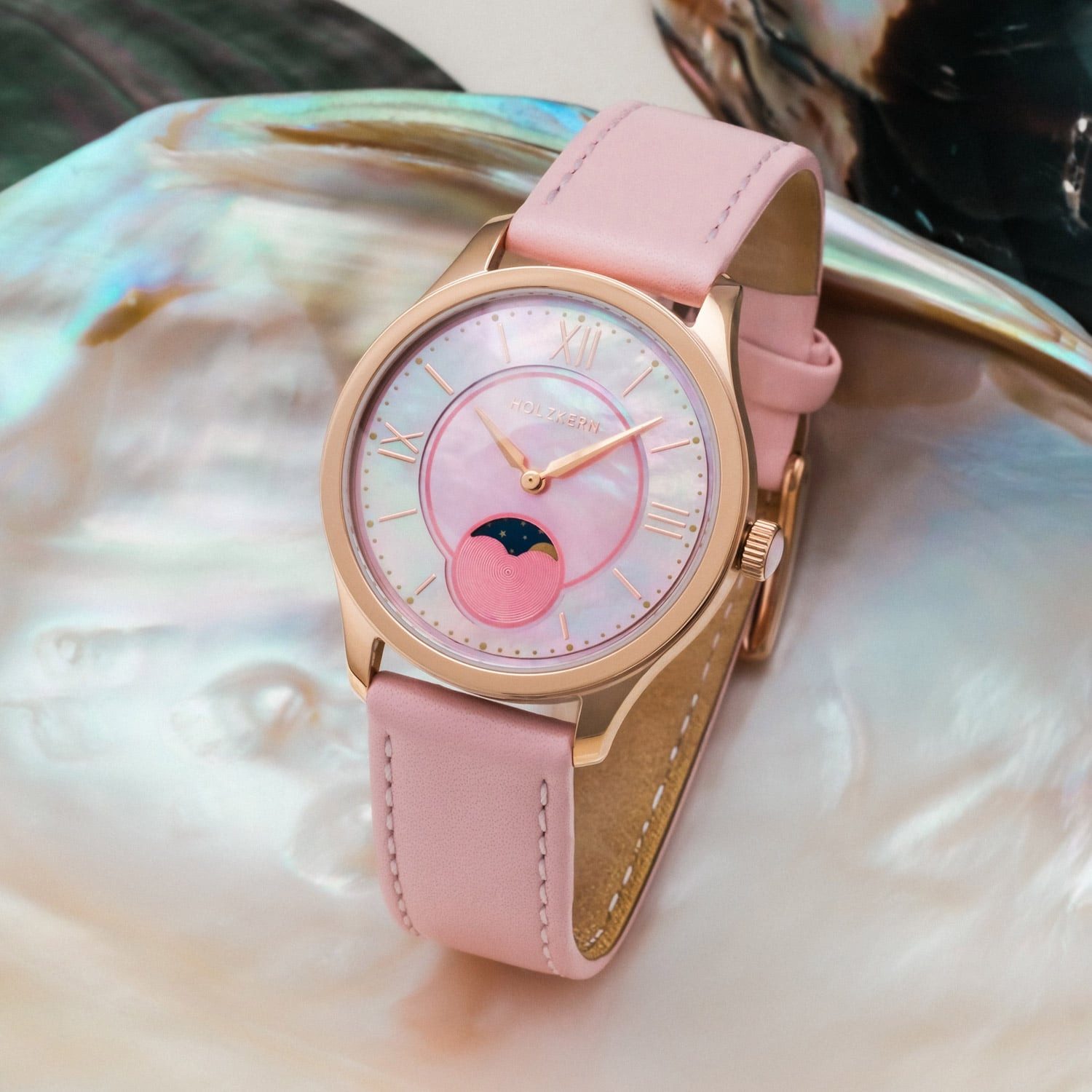 Holzkern Quarzuhr Moonray Perlmutt/Rosa
