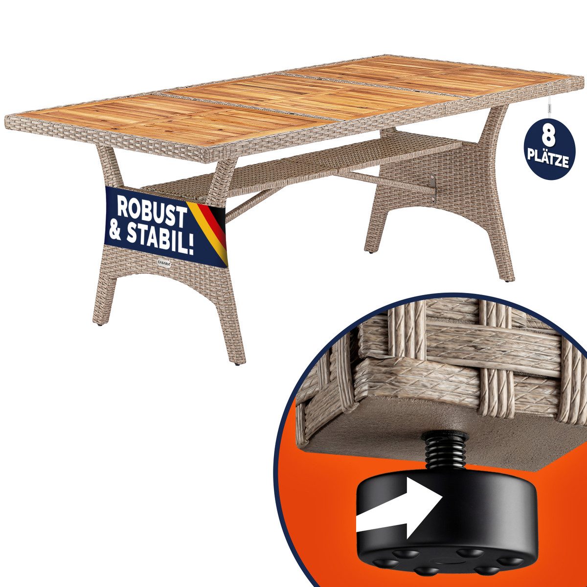 Casaria Gartentisch (1-St), Polyrattan mit Ablage FSC®- zertifiziertes Akazienholz 190x90cm
