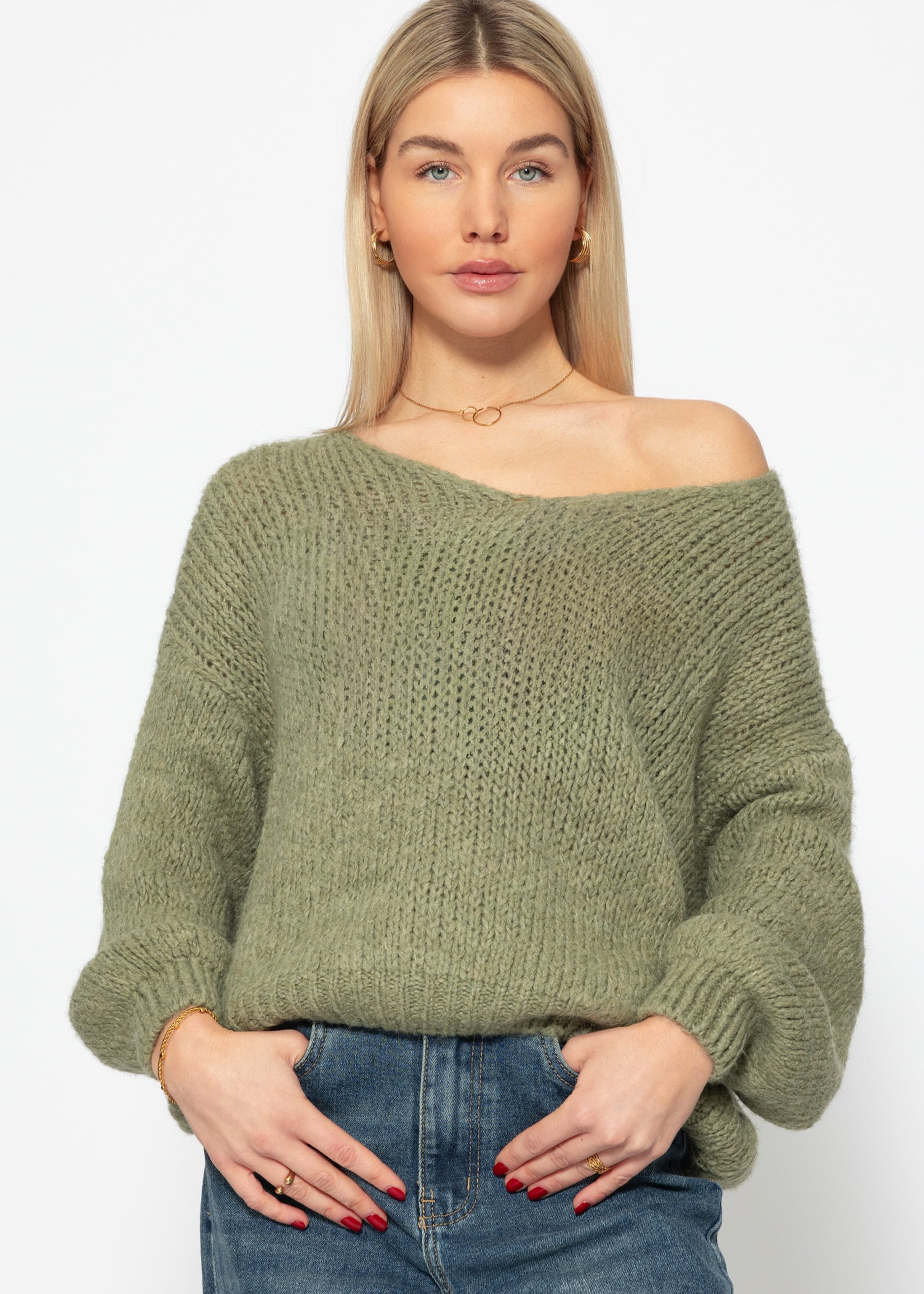 Strickpullover Oversize Pullover Damen mit V-Ausschnitt Elegant