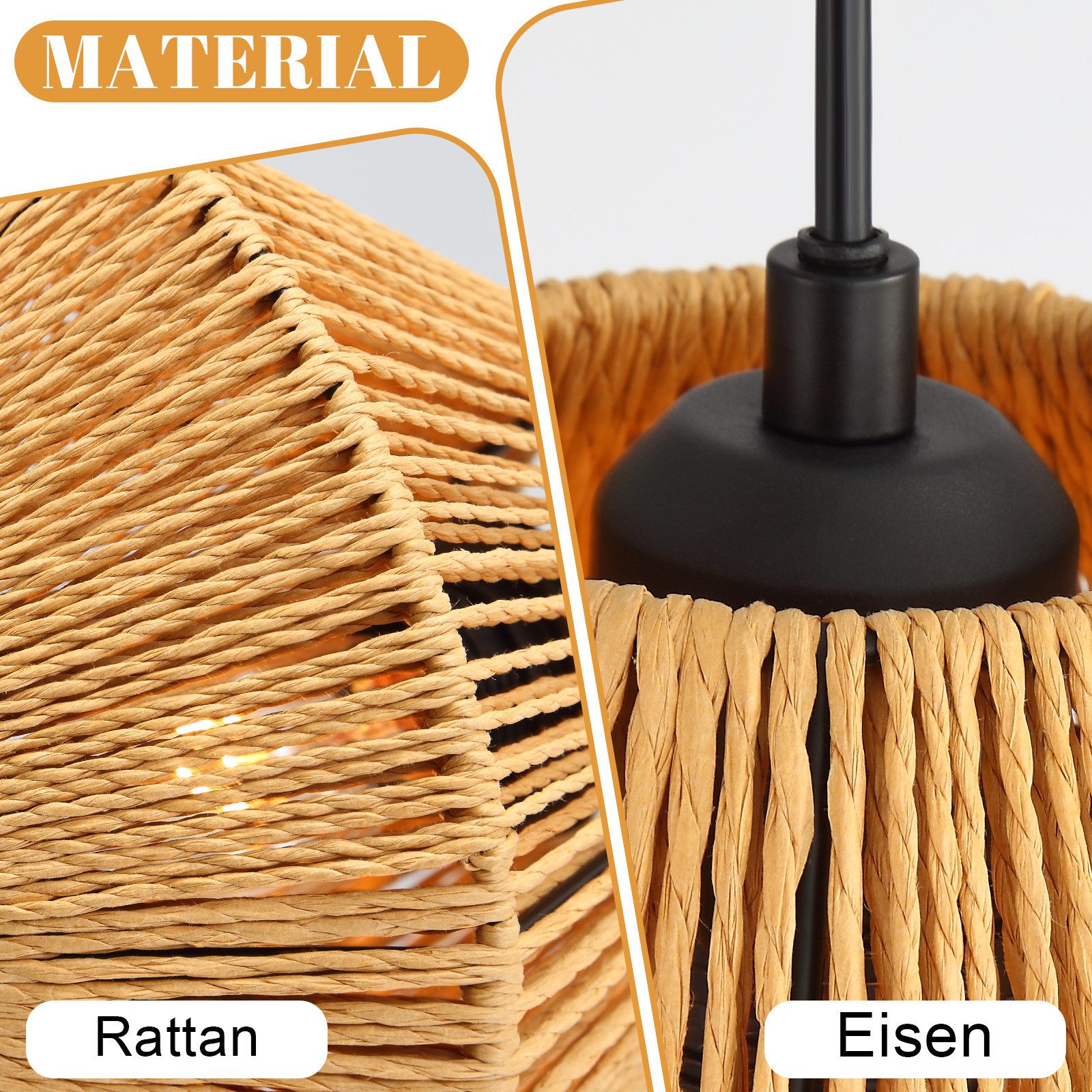 Nettlife Pendelleuchte Rattan 3 flammig Boho E27 Hängeleuchte für Esstisch, Ohne Leuchtmittel, für Esstisch Esszimmer Schlafzimmer Wohnzimmer – Bild 5 von 5