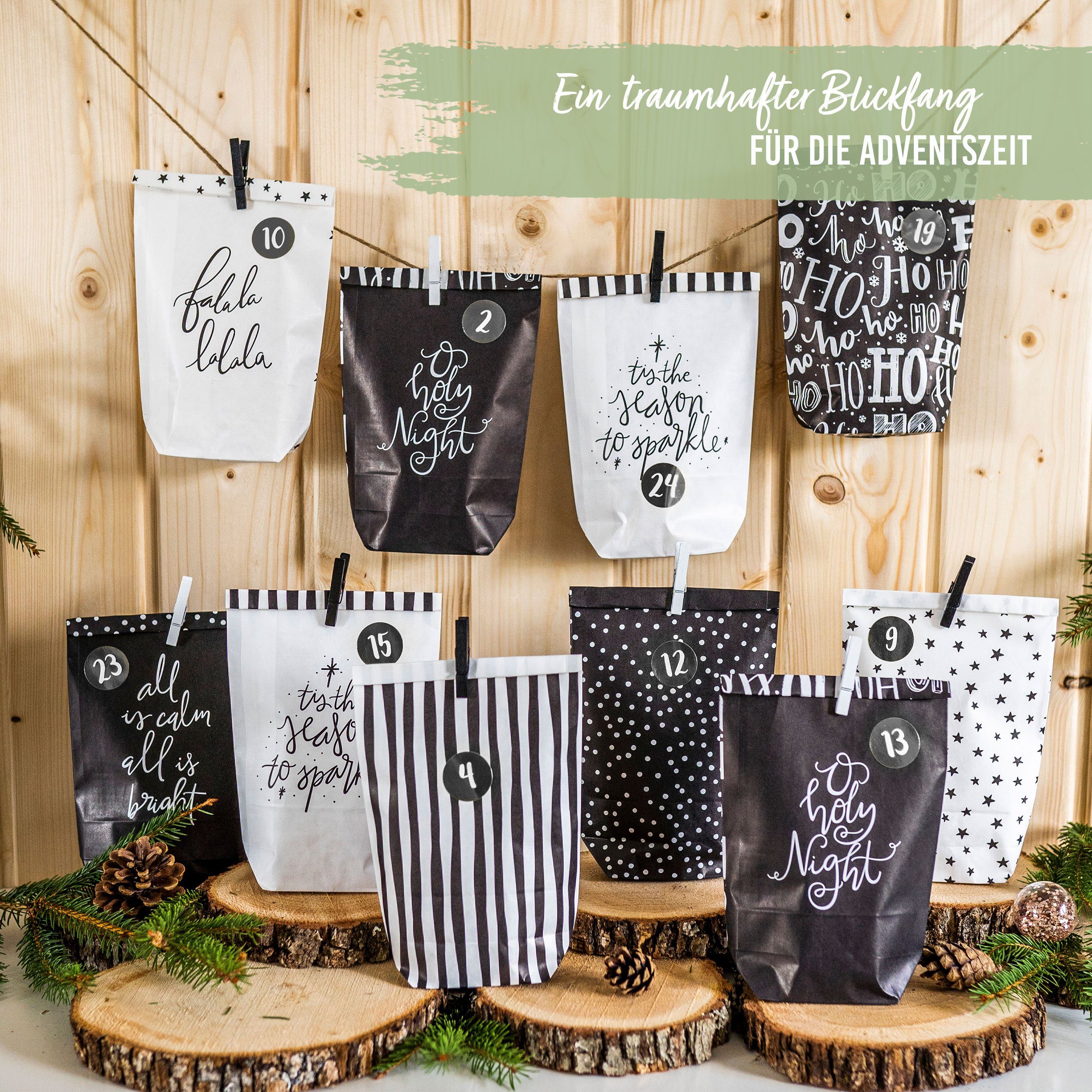 PAPIERDRACHEN befüllbarer Adventskalender Adventskalender mit bedruckten Tüten, Adventskalender zum selber befüllen