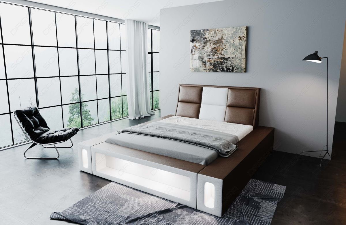 Sofa Dreams Topper, mit Komplettbett Kunstleder Beleuchtung Boxspringbett Beleuchtung, Bett Premium LED LED dunkelbraun-weiß mit Matratze, Mit Venosa mit