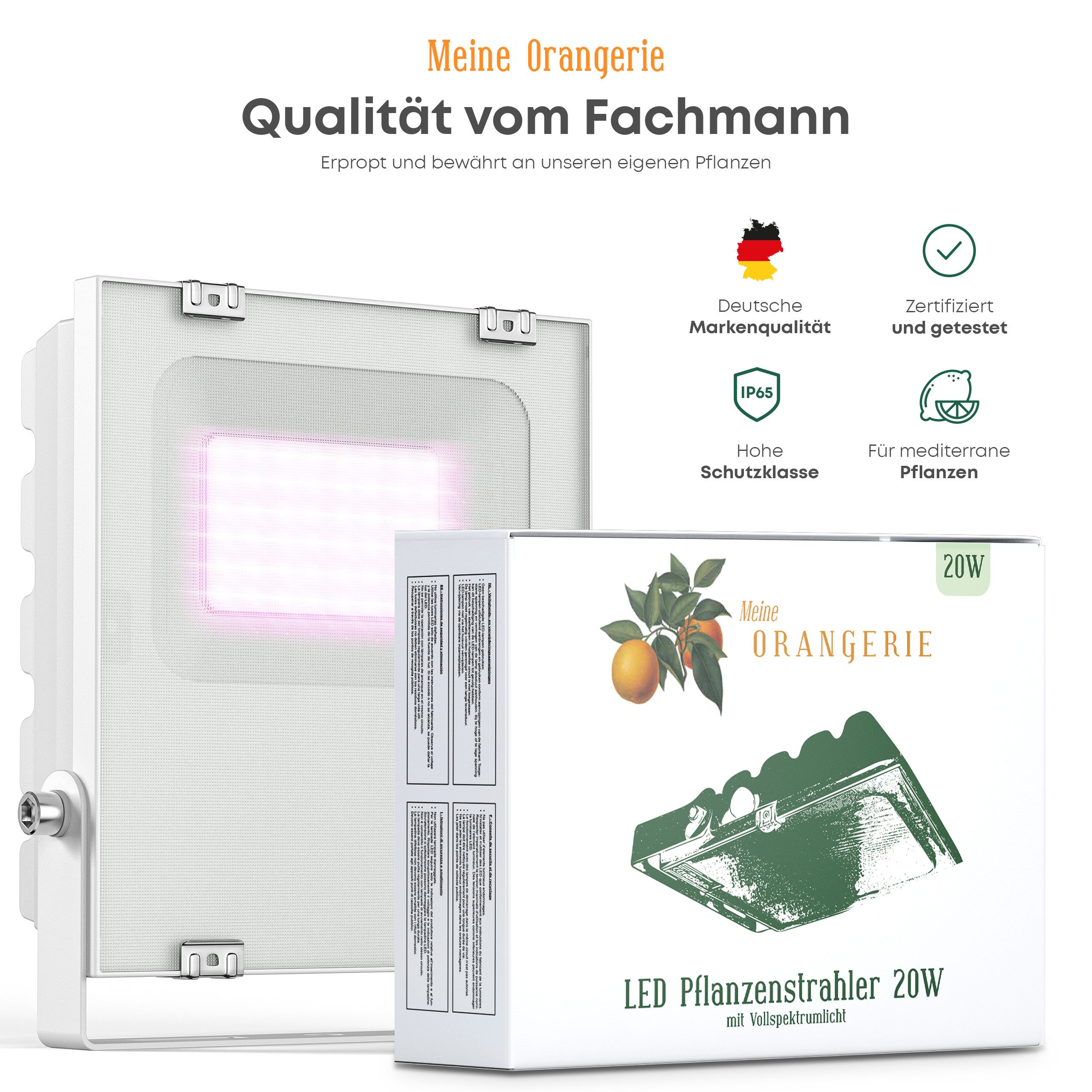 Meine Orangerie Pflanzenlampe 20W LED-Spezialleuchte zur Überwinterung von Pflanzen, LED fest integriert, 400-750nm, LED-Pflanzenlampe Speziallichtquelle
