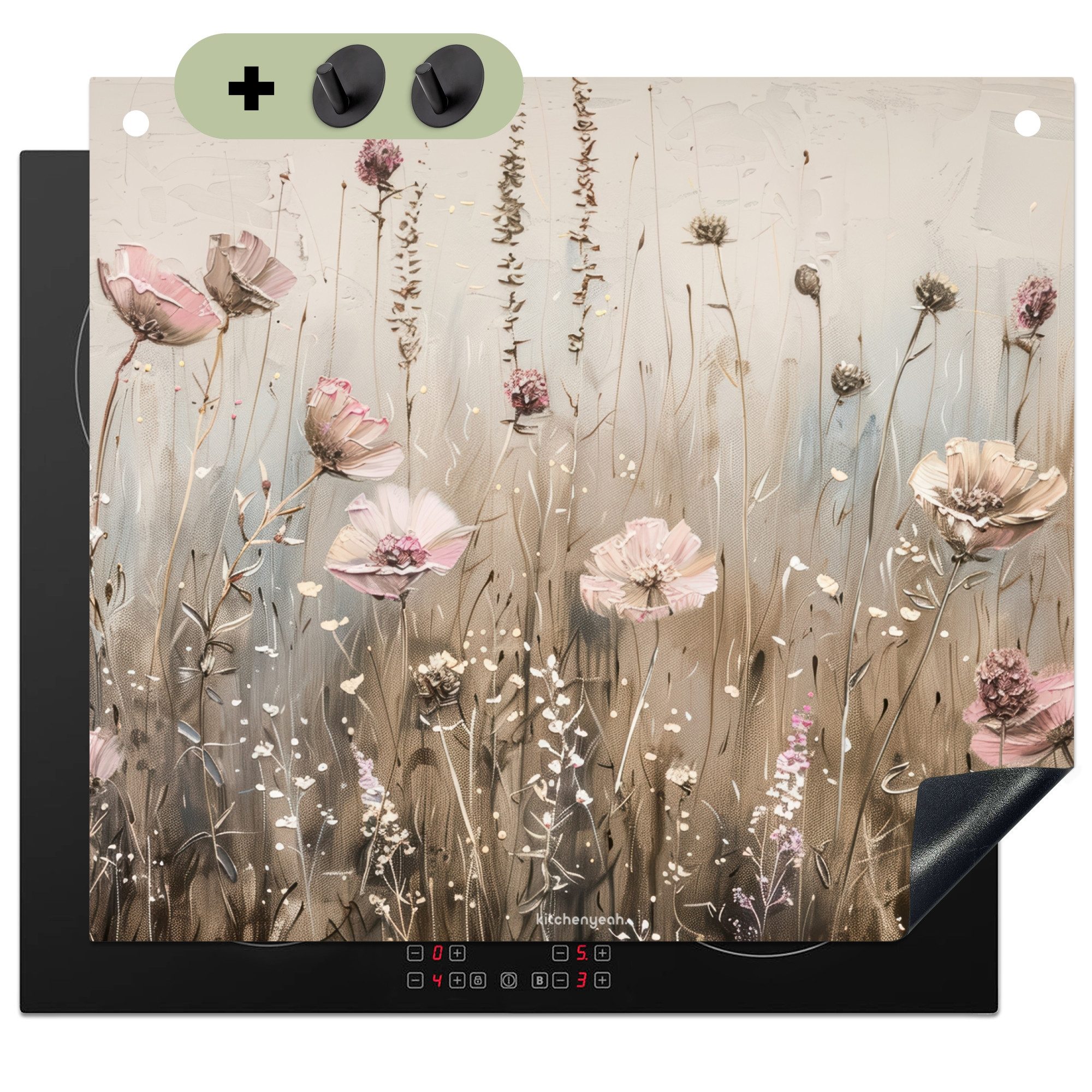 KitchenYeah Küchenrückwand Blumen - Beige - Trockenblumen, (1-tlg), Küche Herdabdeckplatte Ceranfeld Vinyl Einteilig, 59x52 cm