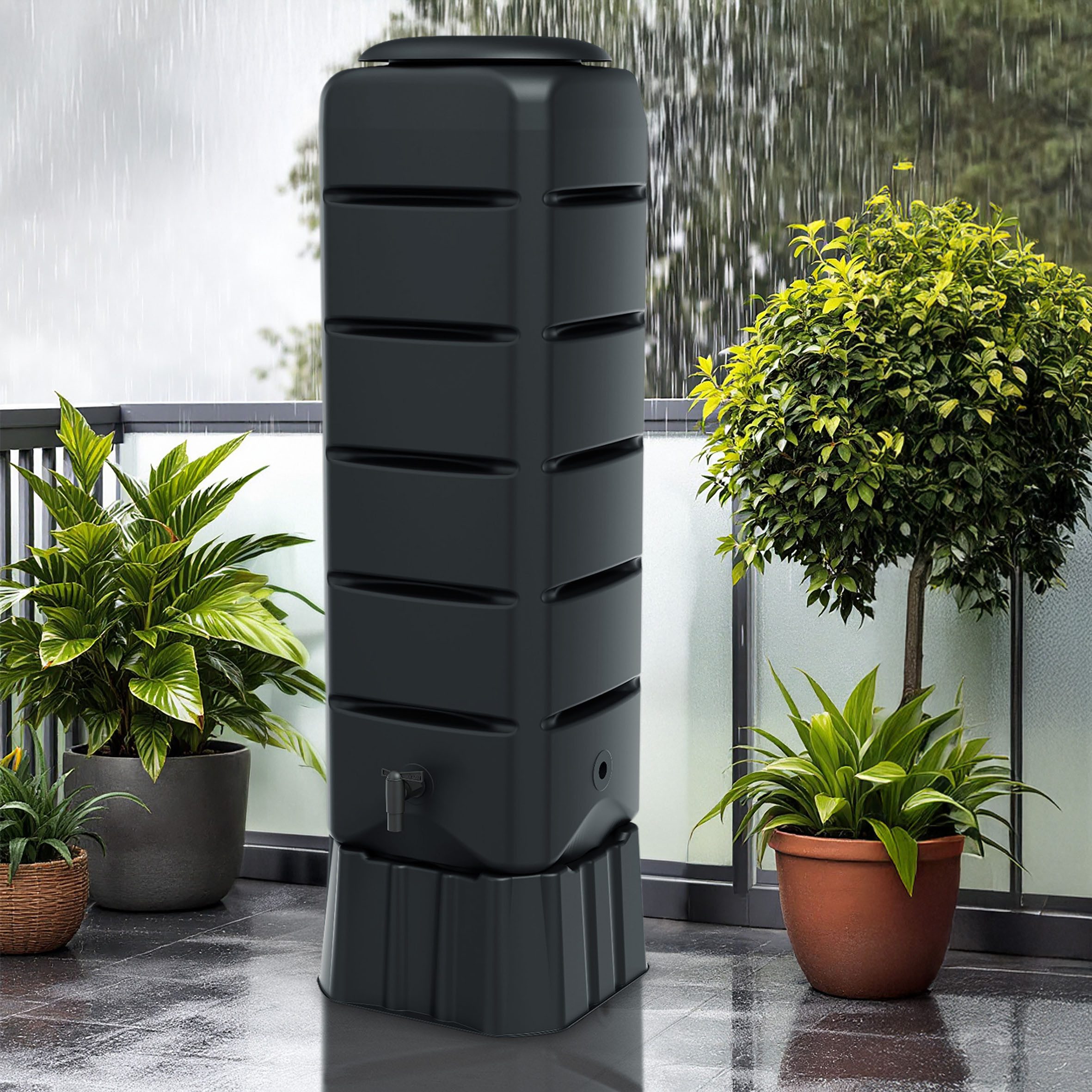 Spetebo Regentonne Regentonne eckig anthrazit mit Wasserhahn und Sicherungsgurt - 120, 120 l, (Anzahl, 1-tlg., Stück), wetterfest