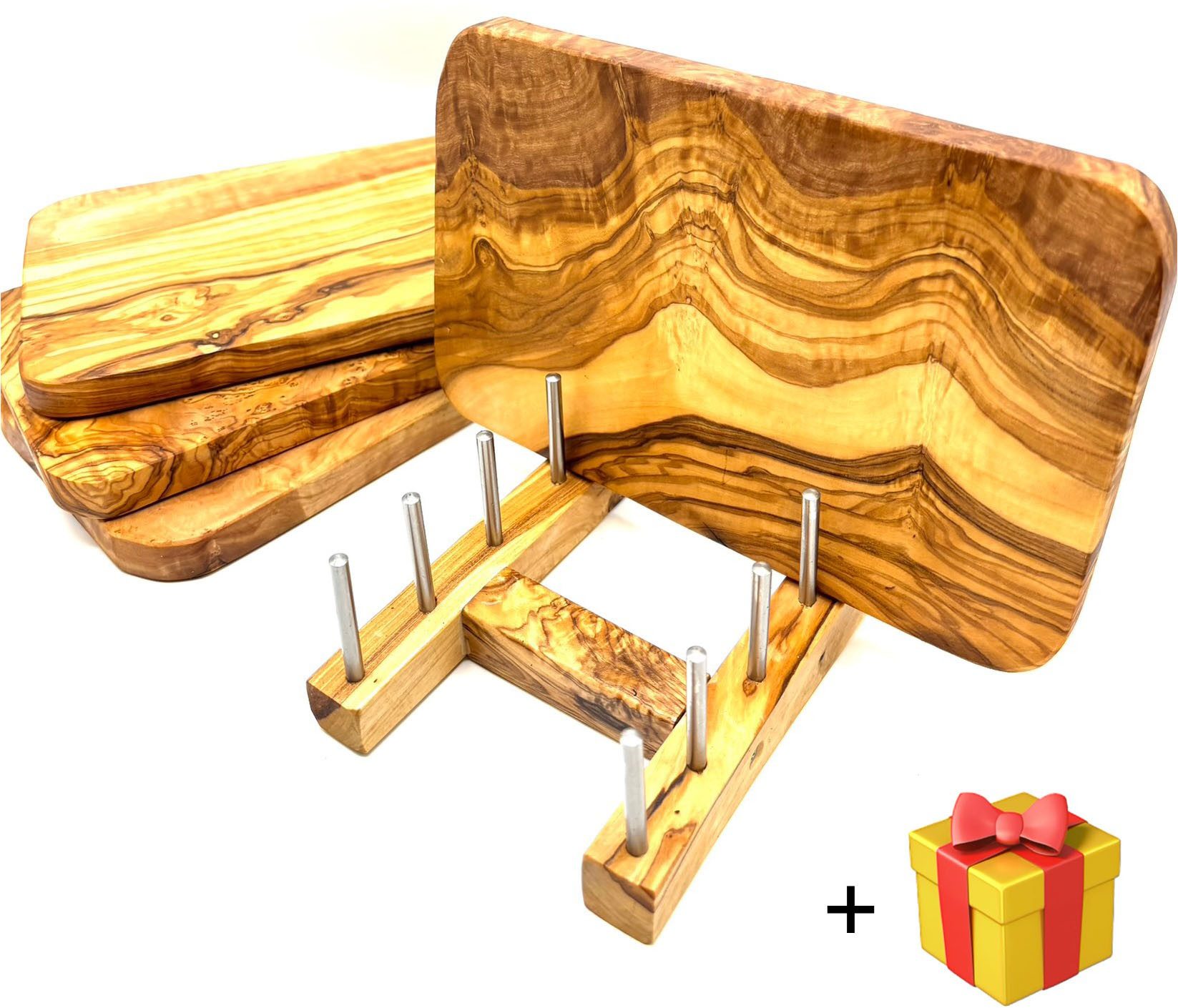 Olivenholz-erleben Geschirrständer Brettchenständer für bis zu 4 Frühstücksbretter, Platzsparende Aufbewahrung für bis zu 4 Brettchen an einem Ort