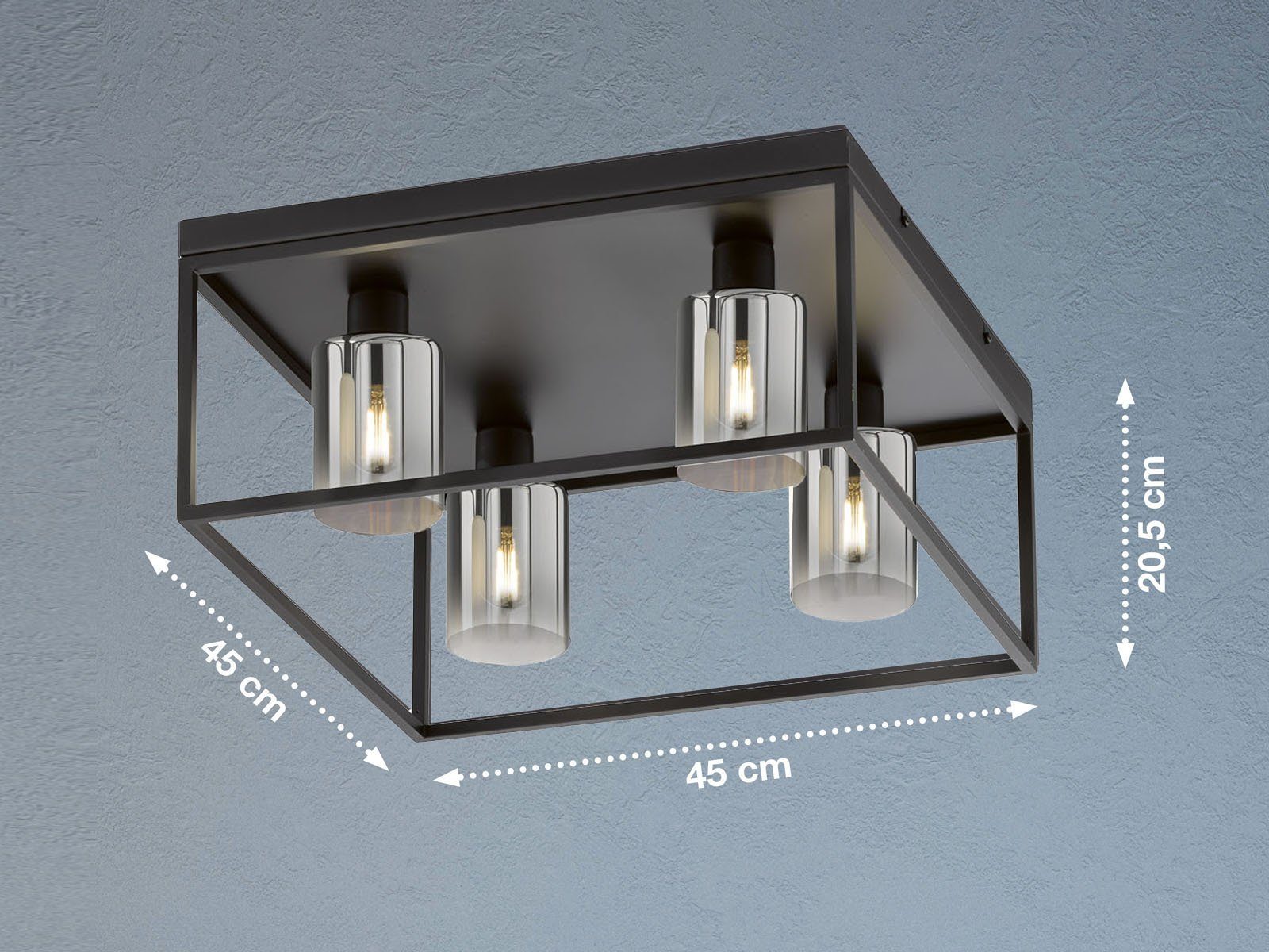 FISCHER & HONSEL LED Deckenleuchte, LED wechselbar, Warmweiß, viereckig 45x45cm Zylinder Lampenschirm mehrflammig Rauchglas Schwarz