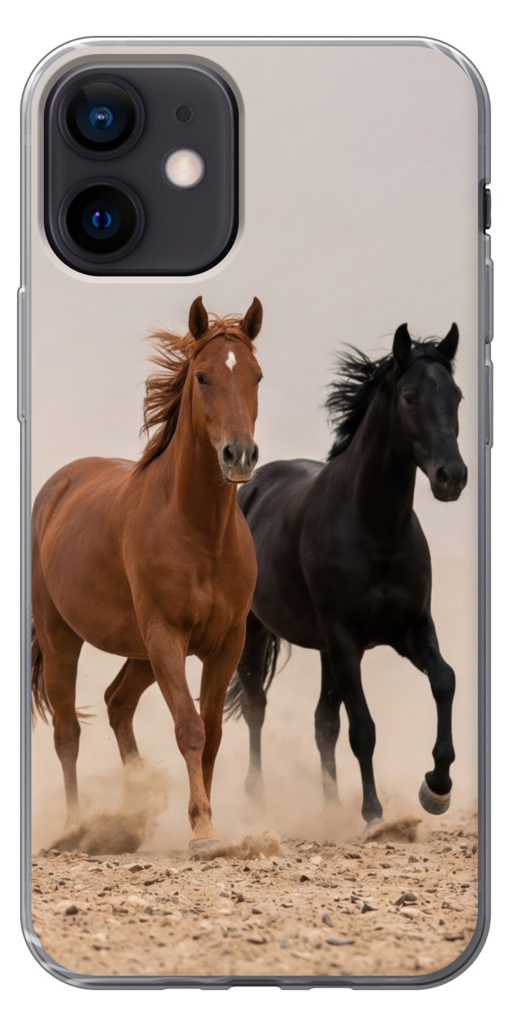 MuchoWow Handyhülle für Apple iPhone 12 Pferdeherde - Staubwolke - Braun - Schwarz, Smartphone-Bumper, Print, Handy Schutzhülle Dünn